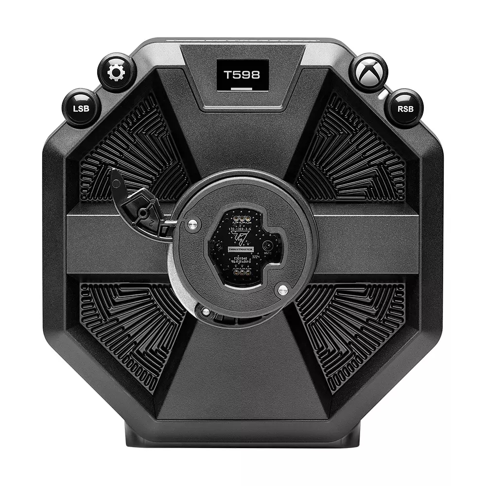 Un volante negro T598 con botones y logotipos, incluyendo LSB, RSB y símbolos de Xbox. El cubo central presenta un logotipo.