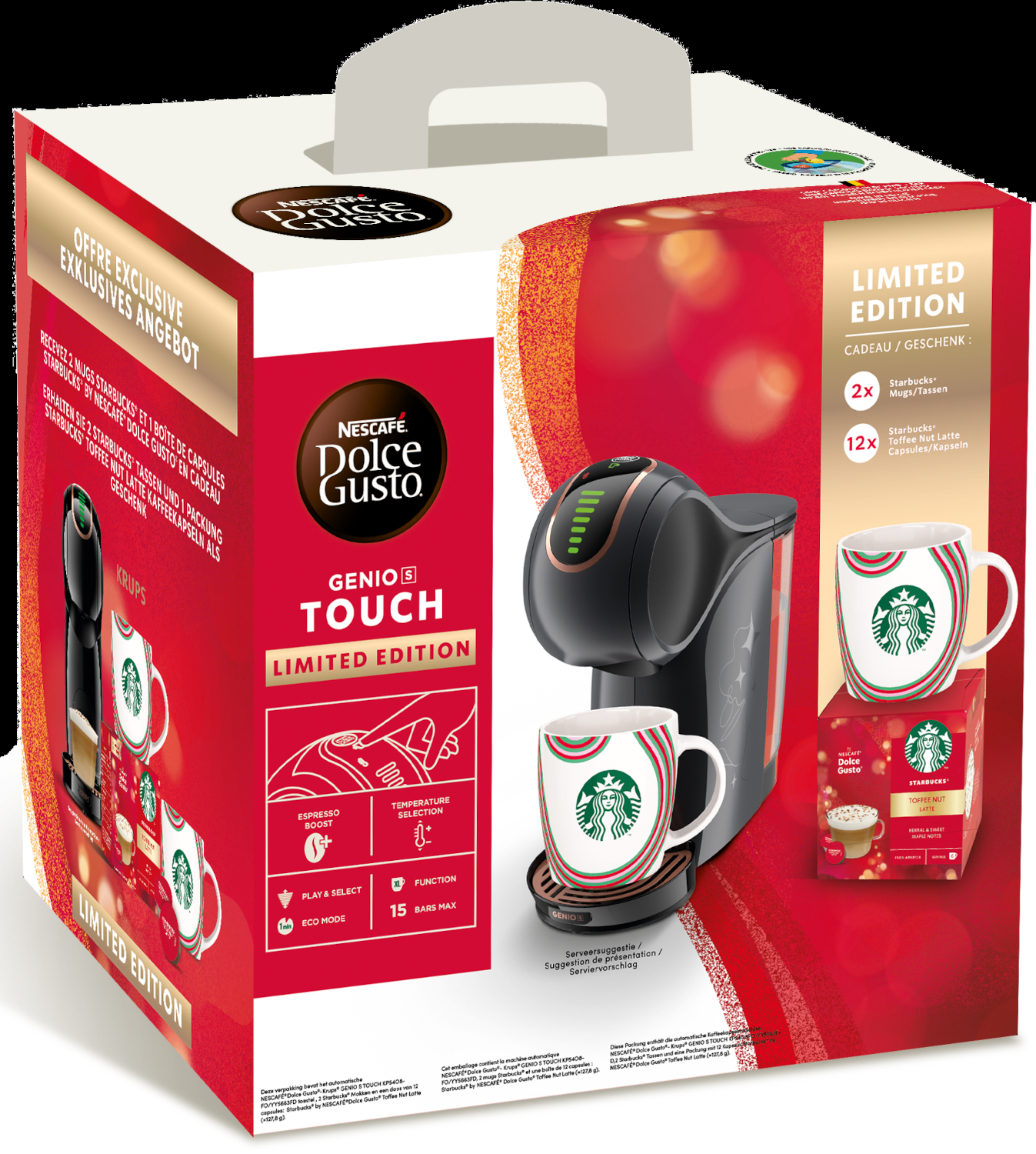 Een doos met koffiemachine, twee mokken en capsules. De doos is rood en wit met branding.