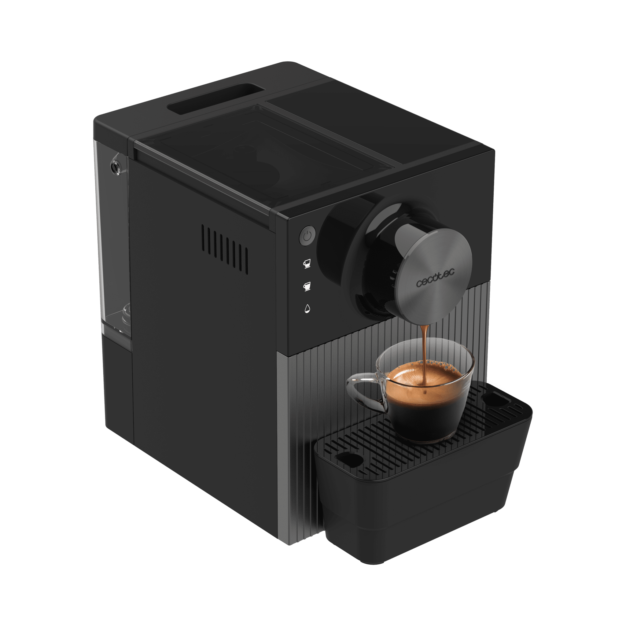 Máquina de espresso negra dispensando café en una taza de vidrio. La máquina tiene un depósito de agua y una bandeja de goteo.