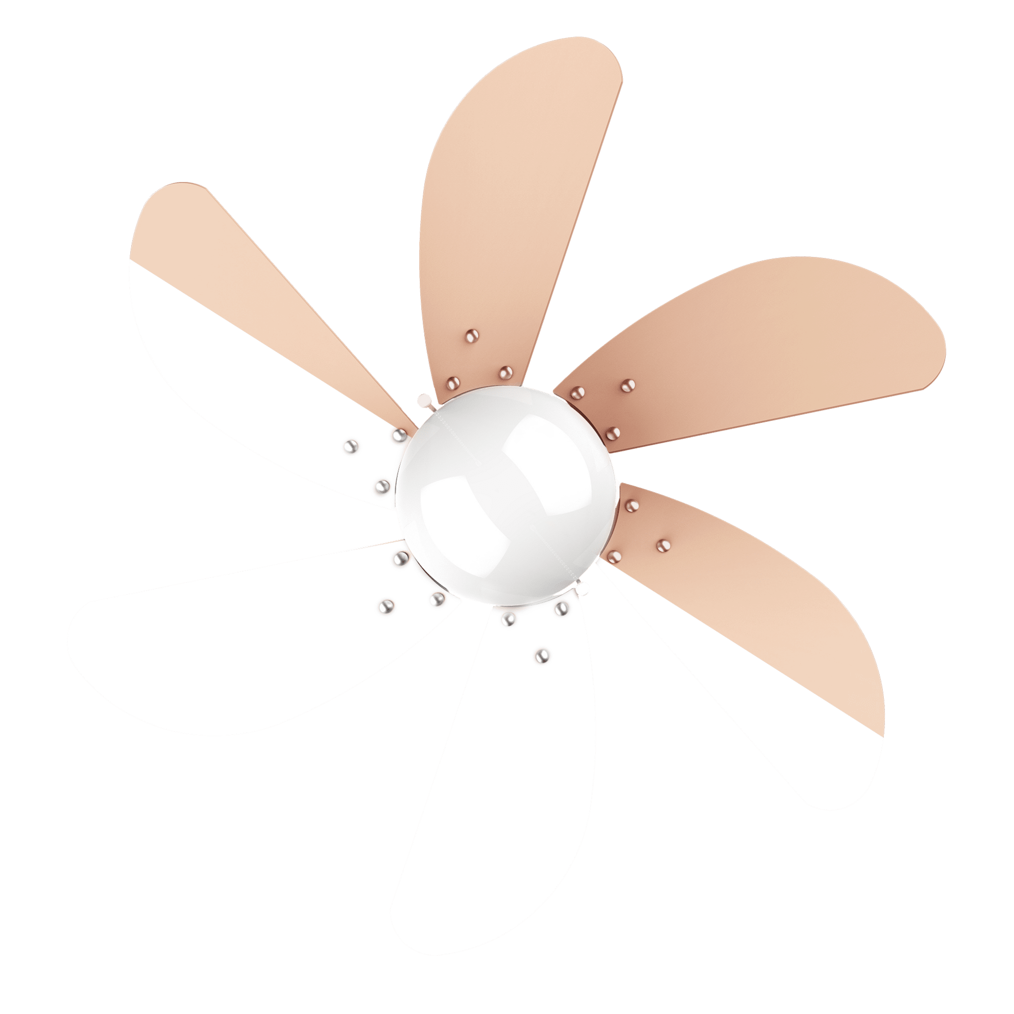 Ventilador de techo con seis aspas, mitad blancas, mitad color cobre, con un globo blanco central sobre fondo verde.