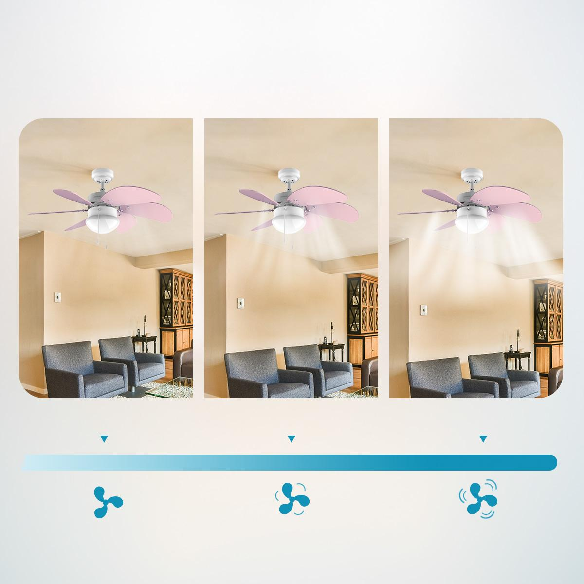 La imagen muestra un ventilador de techo con aspas rosas en diferentes configuraciones de velocidad. El ventilador está en una habitación con sillas y muebles.