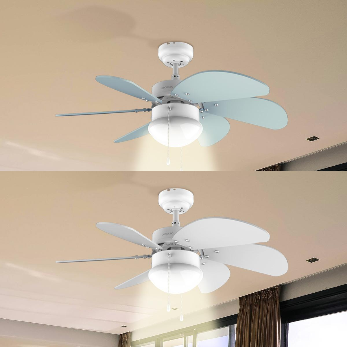 Dos ventiladores de techo. El superior tiene aspas azules, el inferior blancas. Ambos tienen una lámpara.