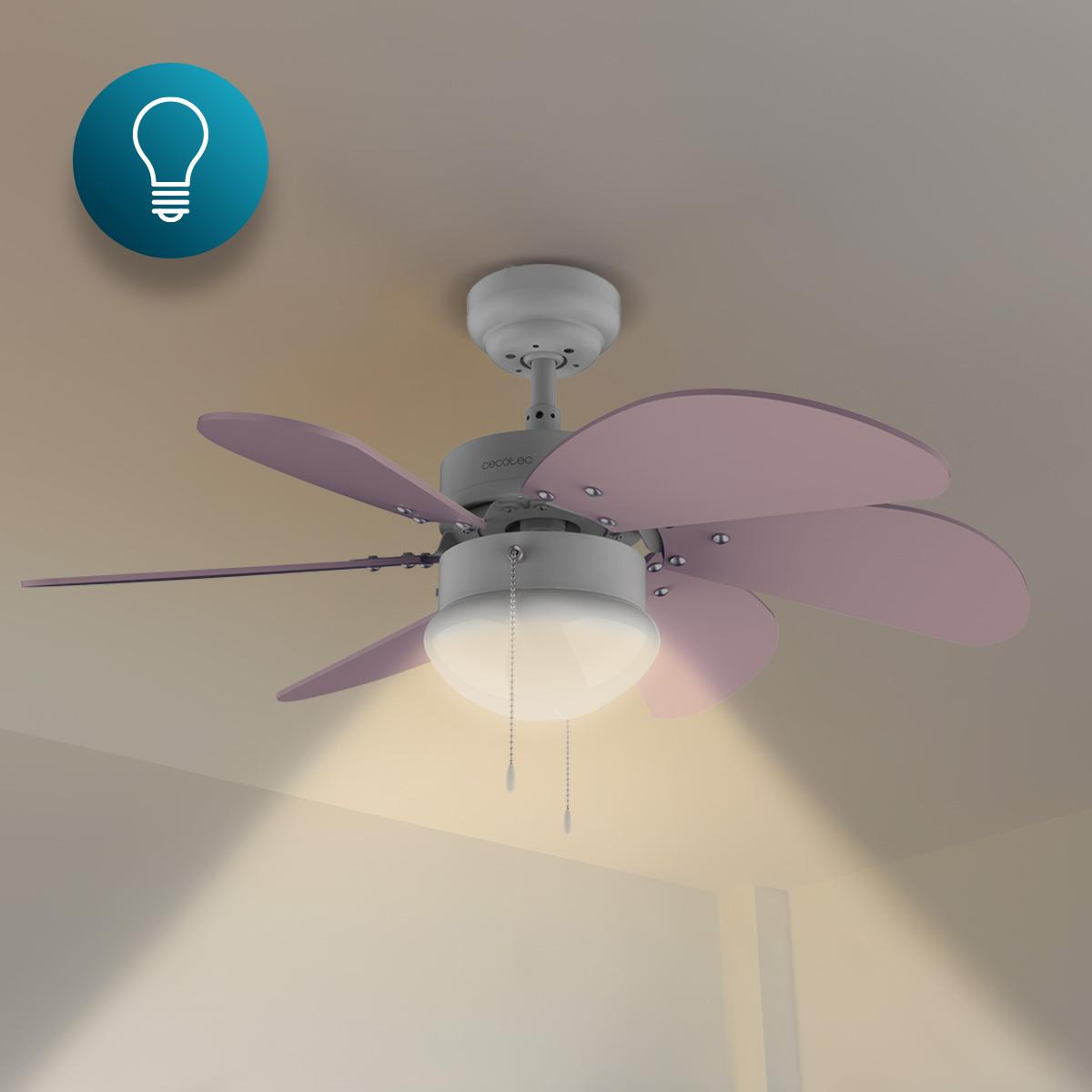Un ventilador de techo con aspas rosas y una luz. Un círculo azul con un icono de bombilla está en la esquina superior izquierda.