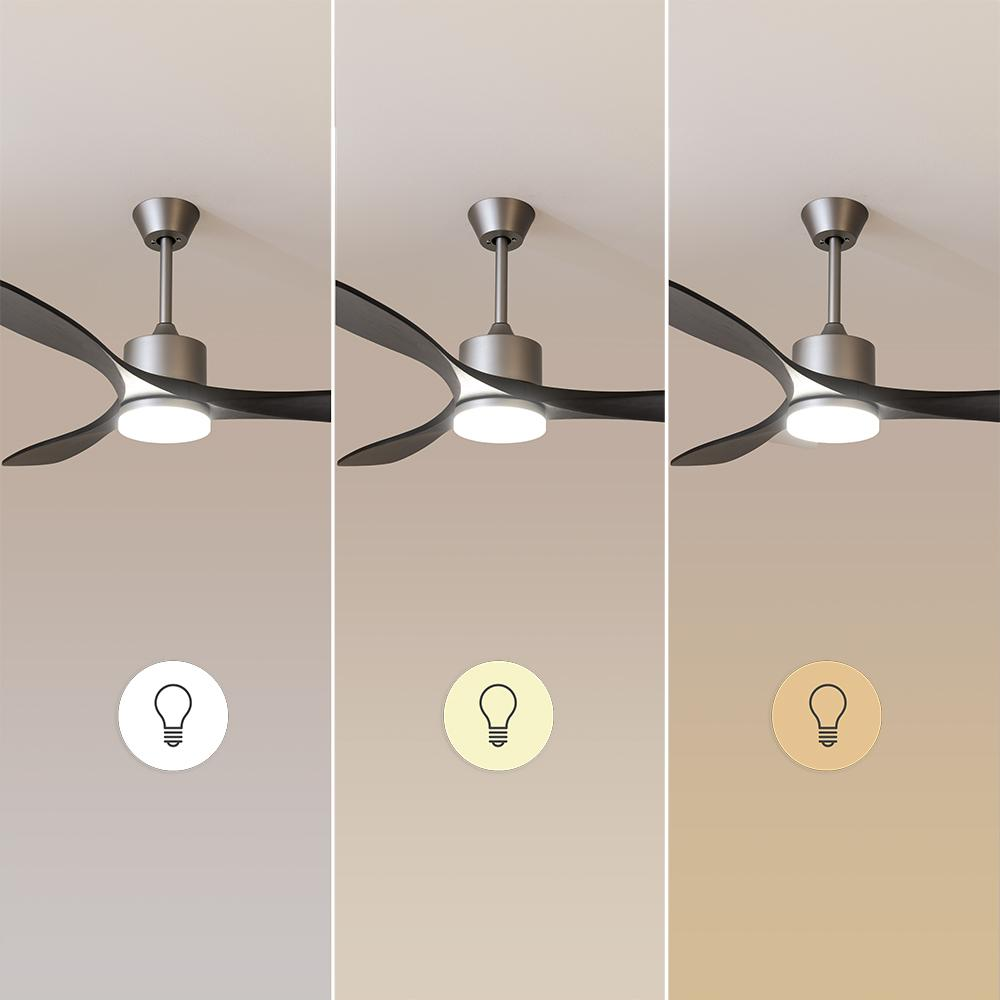Tres imágenes muestran un ventilador de techo con diferentes configuraciones de luz. Cada una tiene un icono de bombilla debajo, cambiando de color.