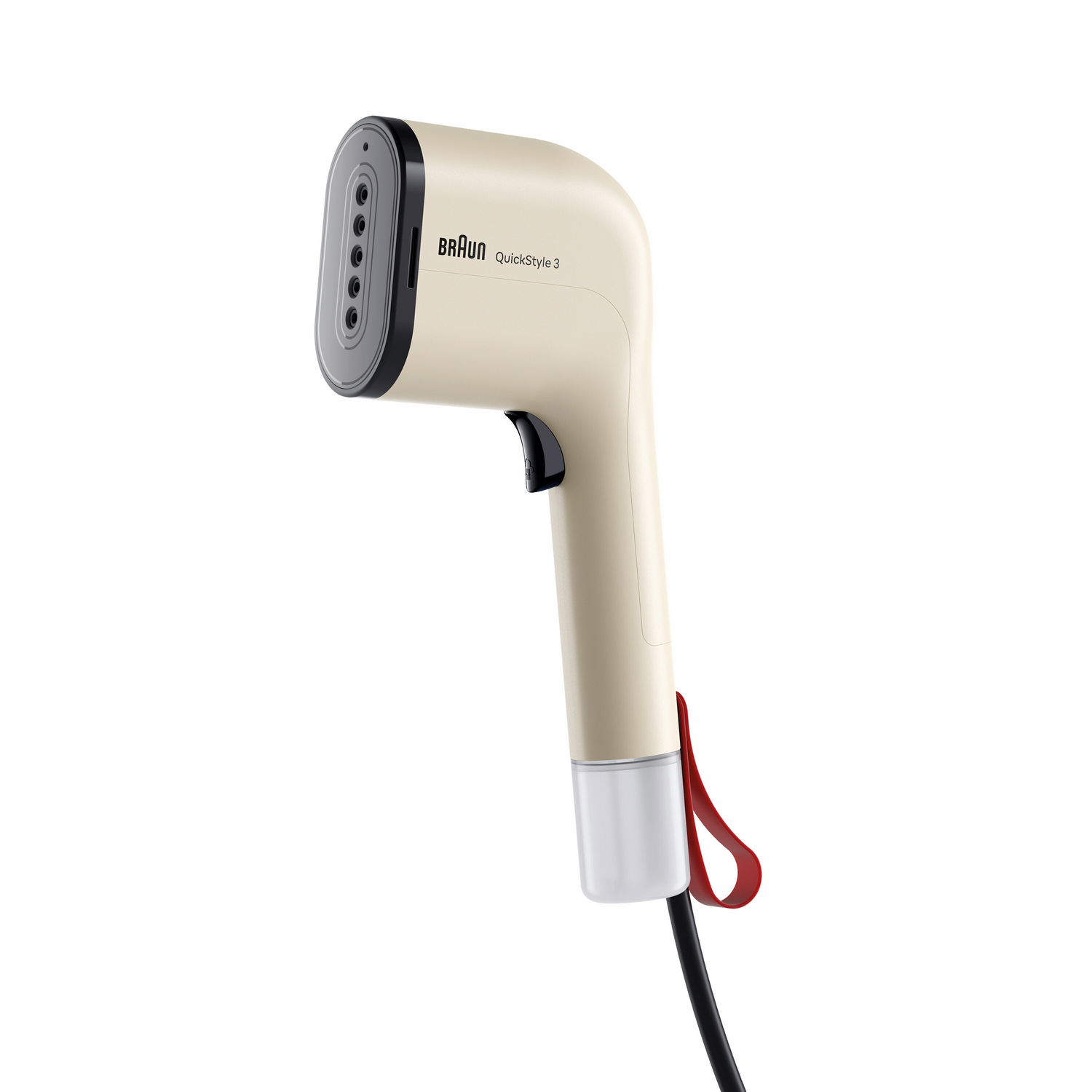 Una vaporera de ropa Braun QuickStyle 3 beige y negra. Tiene un mango negro y una correa roja, el cable es negro.