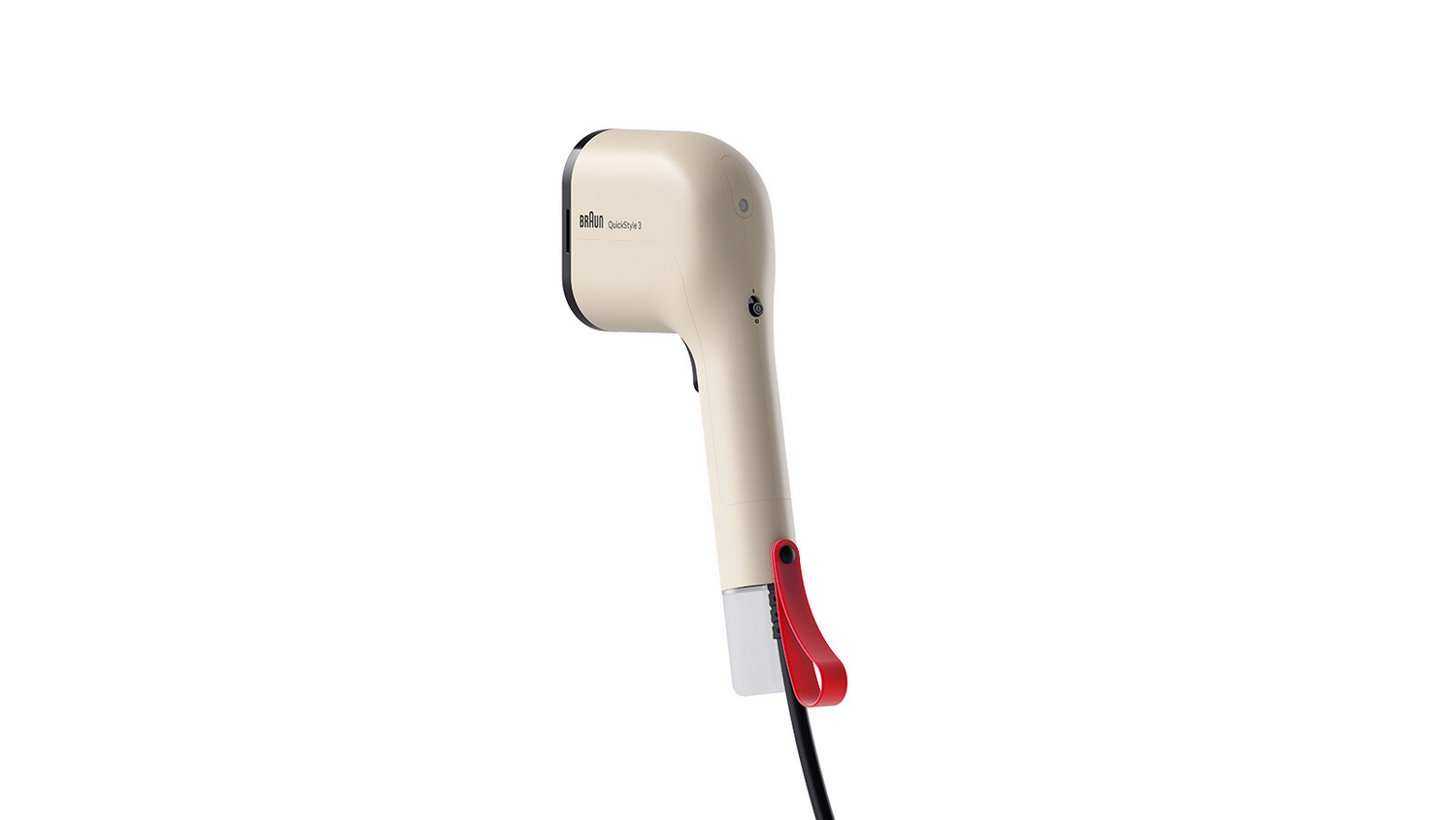 Un moldeador de cabello Braun QuickStyle 3 beige y negro sobre fondo blanco, con una correa roja y cable negro.