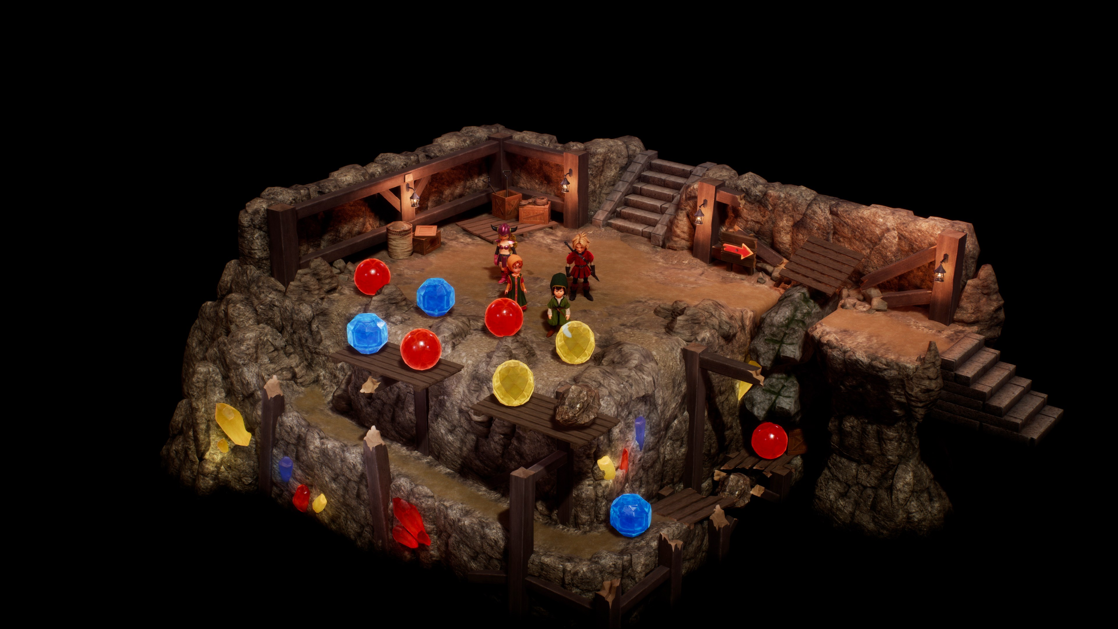 Vista isometrica di una scena di gioco. Personaggi su una piattaforma di pietra con gemme colorate. Scale, assi di legno e barili visibili.