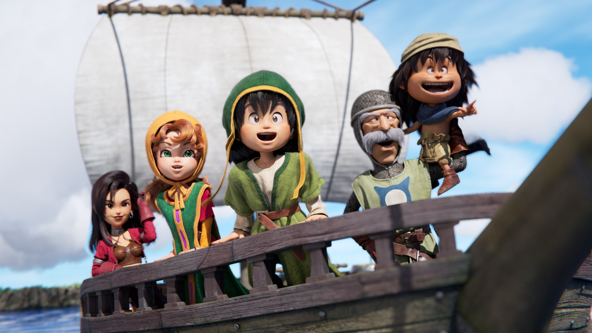 Personaggi animati su una barca, in navigazione. Un bambino viene sollevato. Il cielo è blu con nuvole. La barca ha una vela bianca.