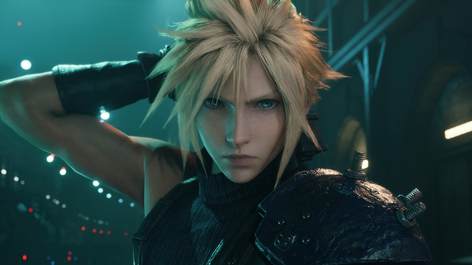 Cloud Strife con capelli biondi a spillo, occhi blu e un'espressione severa. Indossa un dolcevita nero e un'armatura. Lo sfondo è scuro.