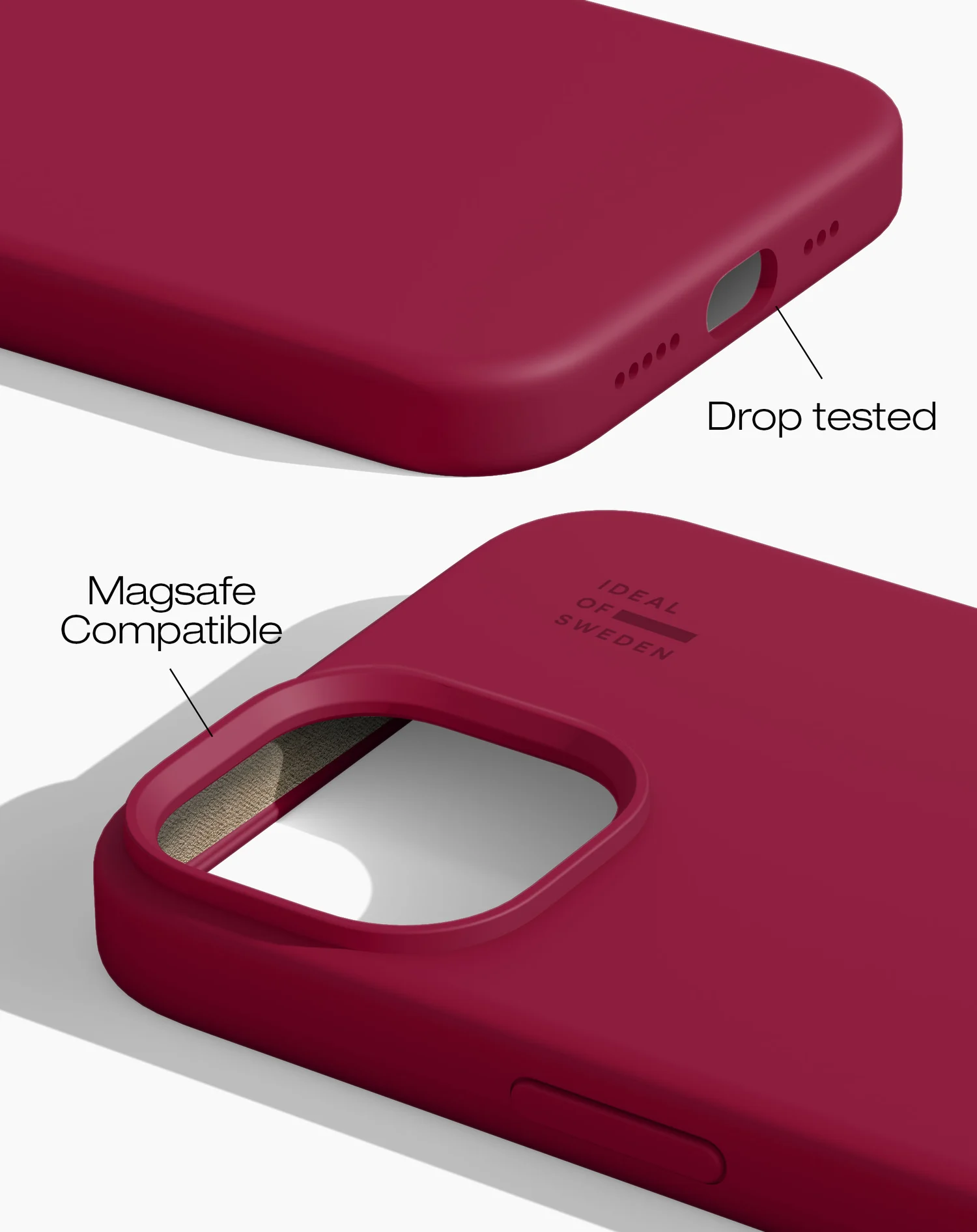 Közeli kép egy bordó telefontokról, melyen a 'Drop tested' és a 'Magsafe Compatible' feliratok láthatók. Az 'Ideal of Sweden' márkanév is látható.