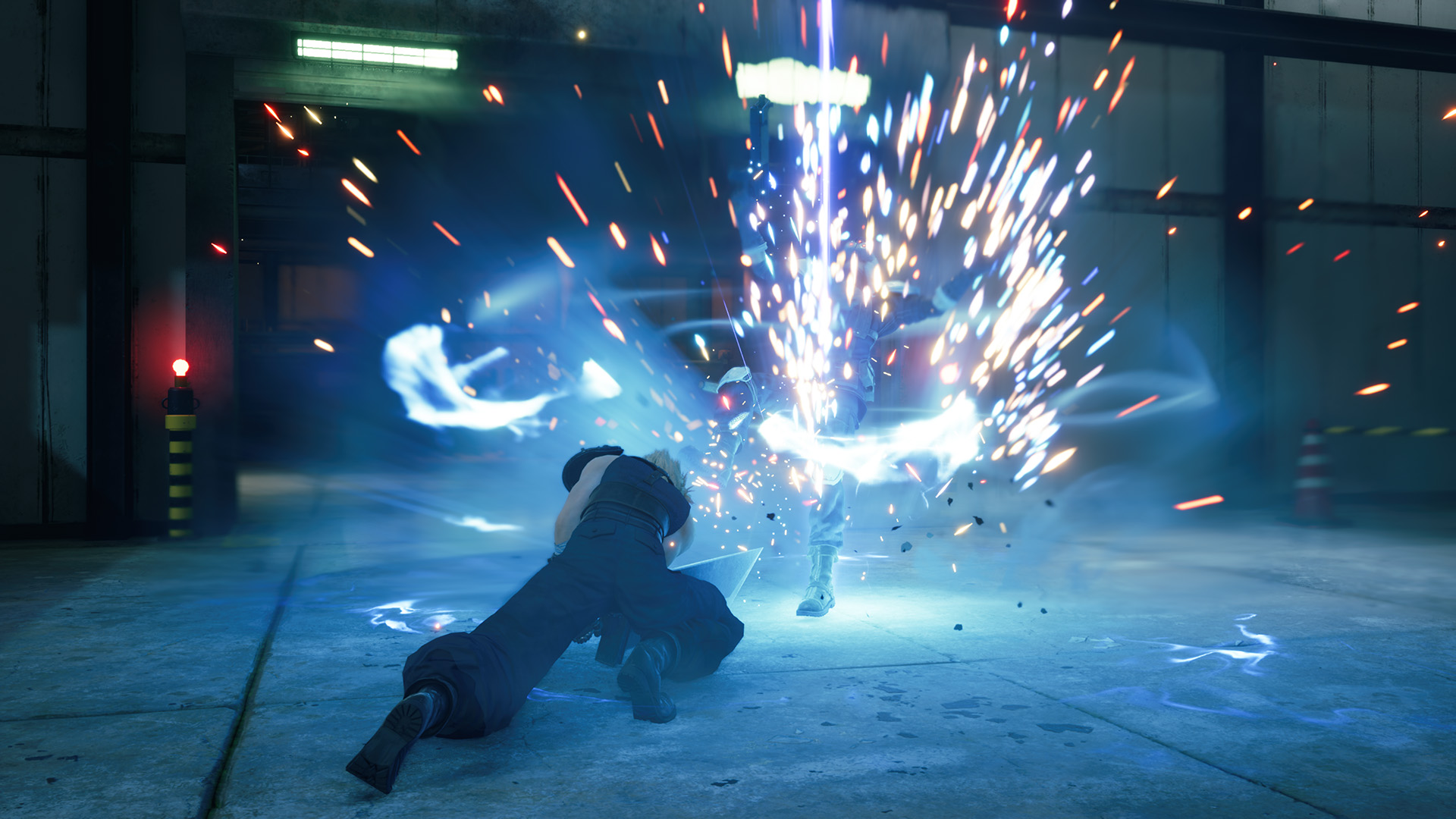 Due figure in combattimento, scintille ed effetti energetici dominano la scena, una figura è in ginocchio.