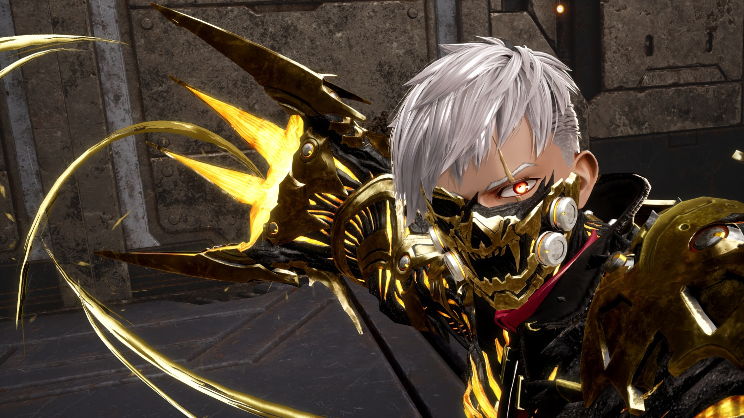Eine Person mit weißem Haar, roten Augen und einer goldenen Maske. Sie trägt ein schwarzes Outfit mit goldener Rüstung, der Hintergrund ist metallisch.