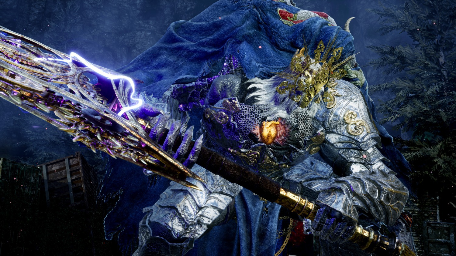 Ein Ritter in blauer Rüstung hält einen leuchtenden Speer. Der Speer ist mit Lila und Gold verziert. Hinter dem Ritter befindet sich ein blauer Umhang.