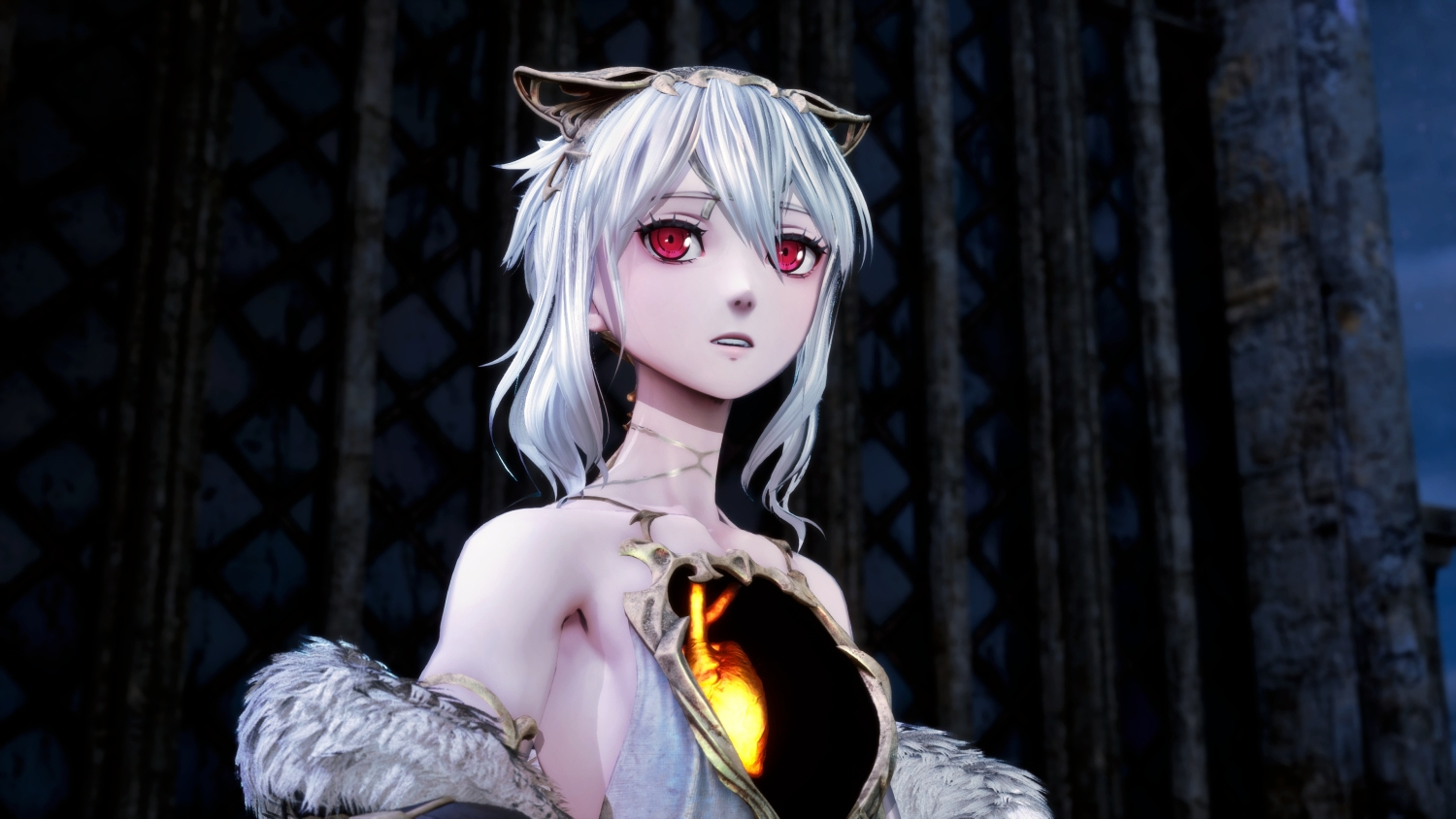 Anime-Figur mit weißen Haaren, roten Augen und leuchtender Brust, trägt ein fellgefüttertes Kleidungsstück. Der Hintergrund zeigt eine dunkle, gotische Struktur.