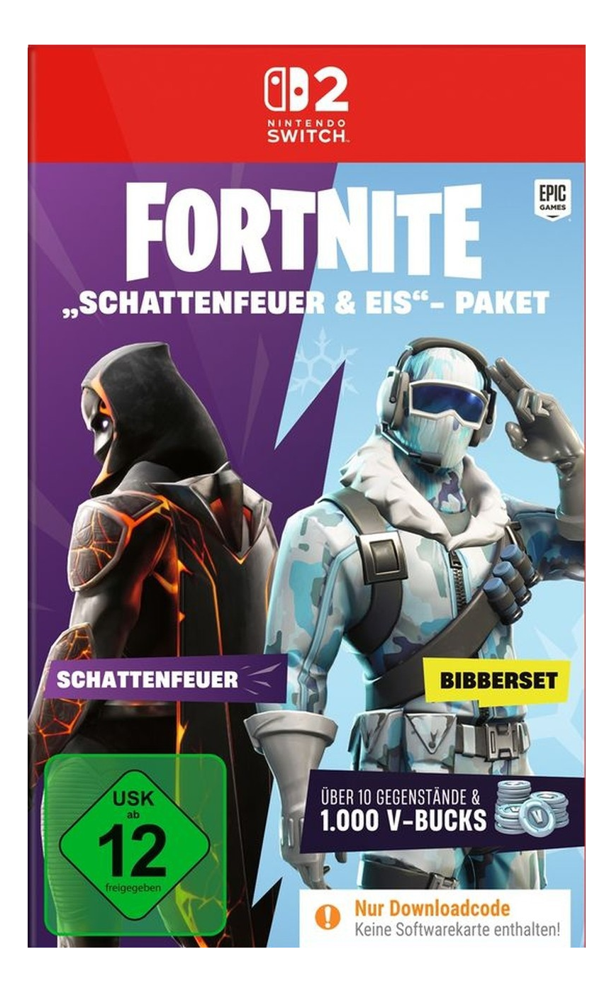 Fortnite-Spielcover. Es zeigt zwei Charaktere, einen in feuerfarbener Rüstung, den anderen in eisiger Ausrüstung. Nintendo Switch-Logo sichtbar.