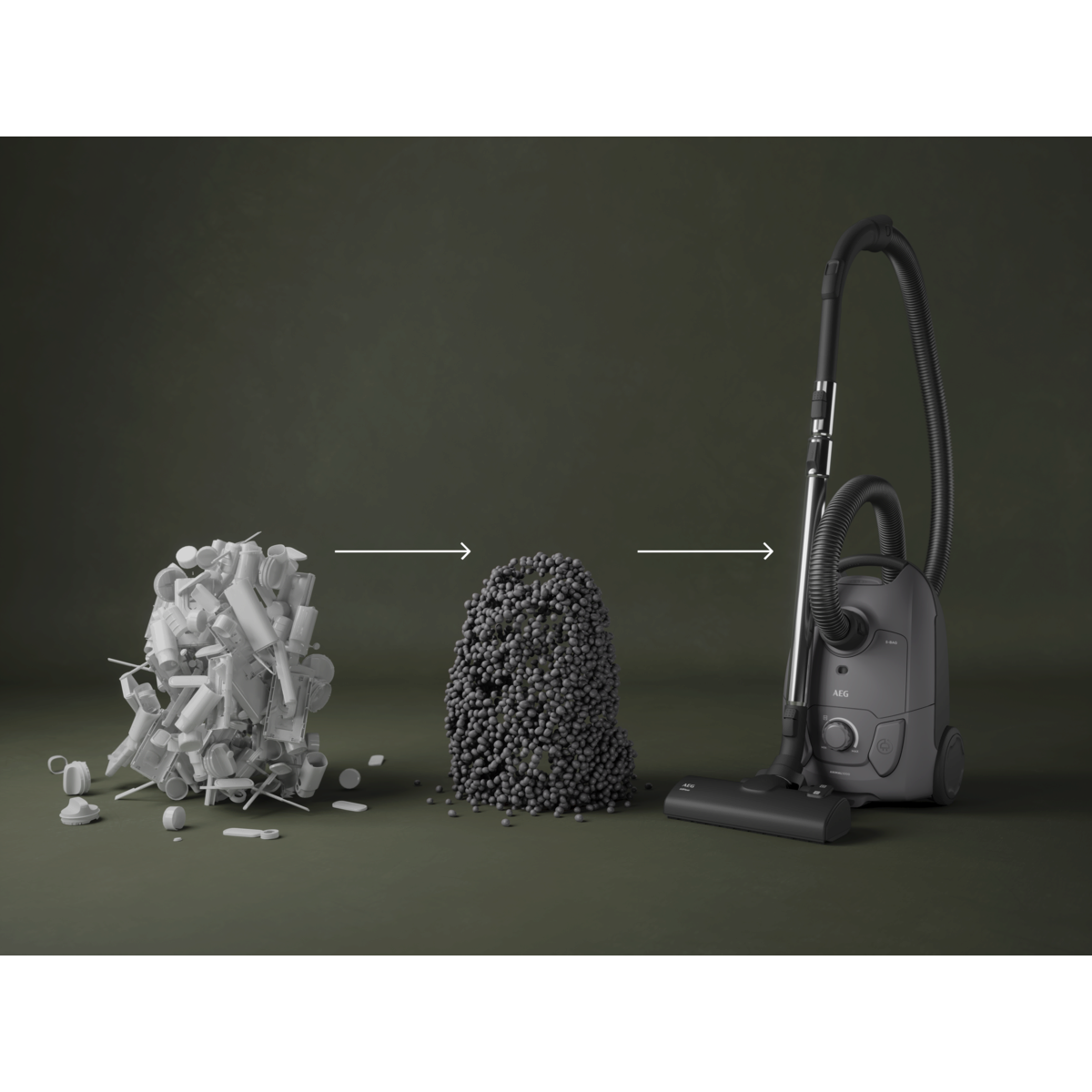 Image depicts a vacuum cleaner transforming trash into a sphere, symbolizing cleaning. Arrows show the process.