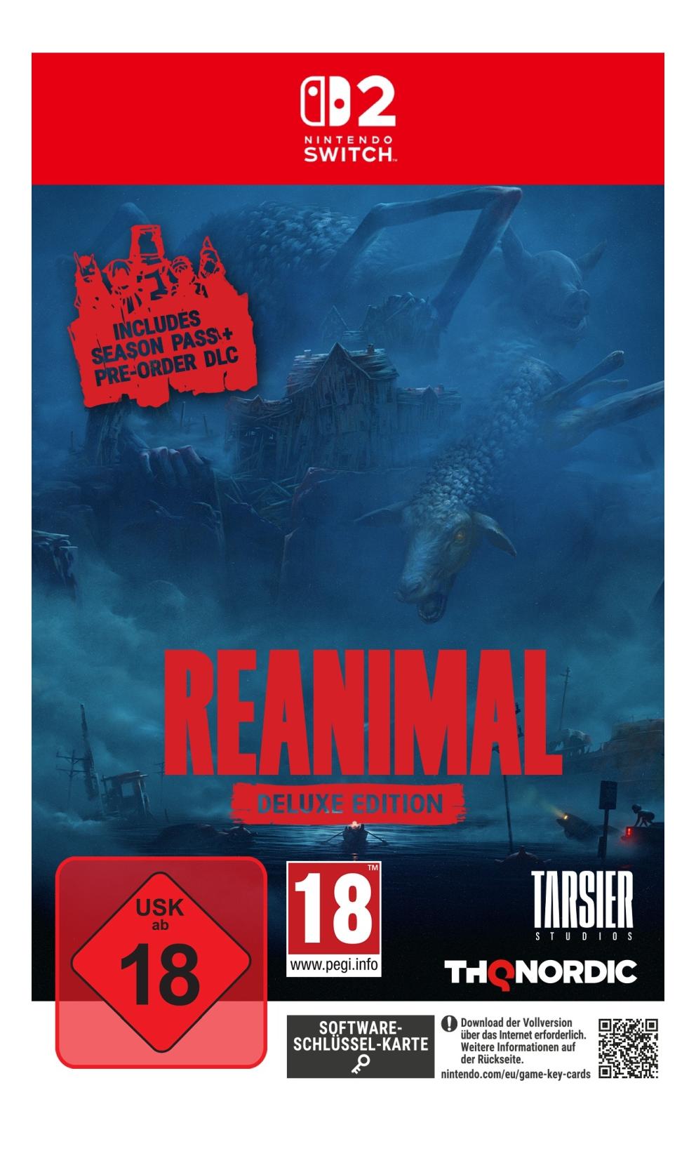 Couverture du jeu. Une créature ressemblant à un mouton plane au-dessus d'un village en ruine, titre 'REANIMAL'. Logo Nintendo Switch et classification d'âge 18.
