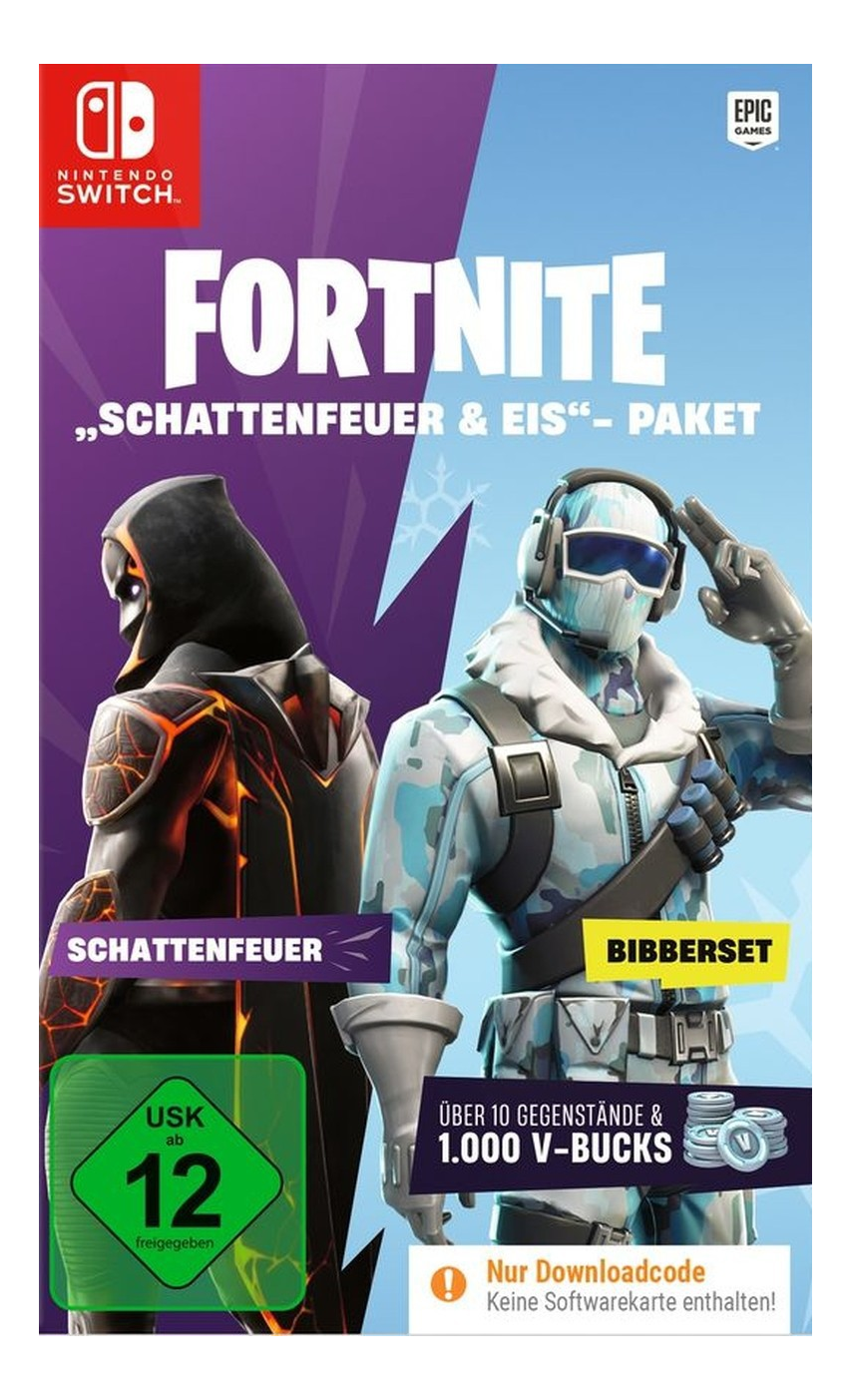 Fortnite-Spielbox. Enthält zwei Charaktere, einen mit Feuer- und einen mit Eismotiv. Enthält Spieldetails und Altersfreigabe.