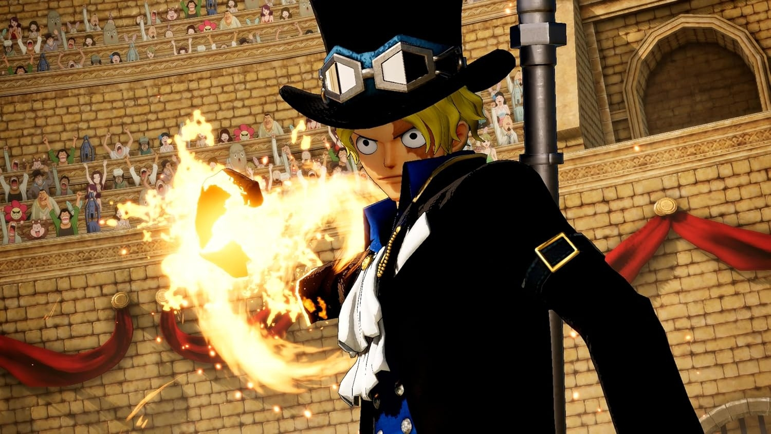 Anime-Figur in schwarzem Anzug und Zylinder, mit Feuereffekt und Publikum im Hintergrund.