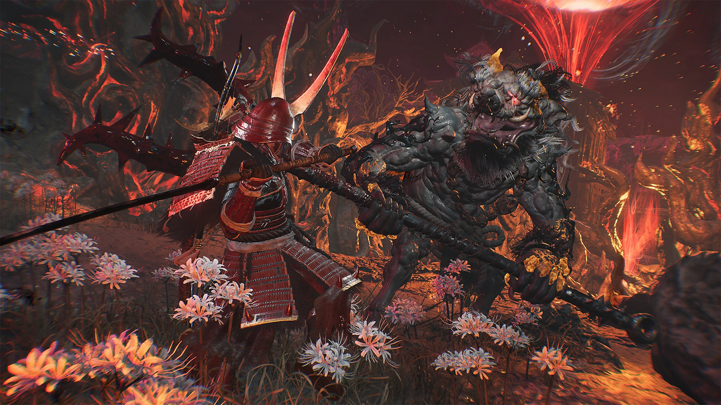 Ein Samurai in roter Rüstung steht einem großen, grauen Monster mit Hörnern gegenüber. Der Hintergrund ist eine feurige, höllische Landschaft.