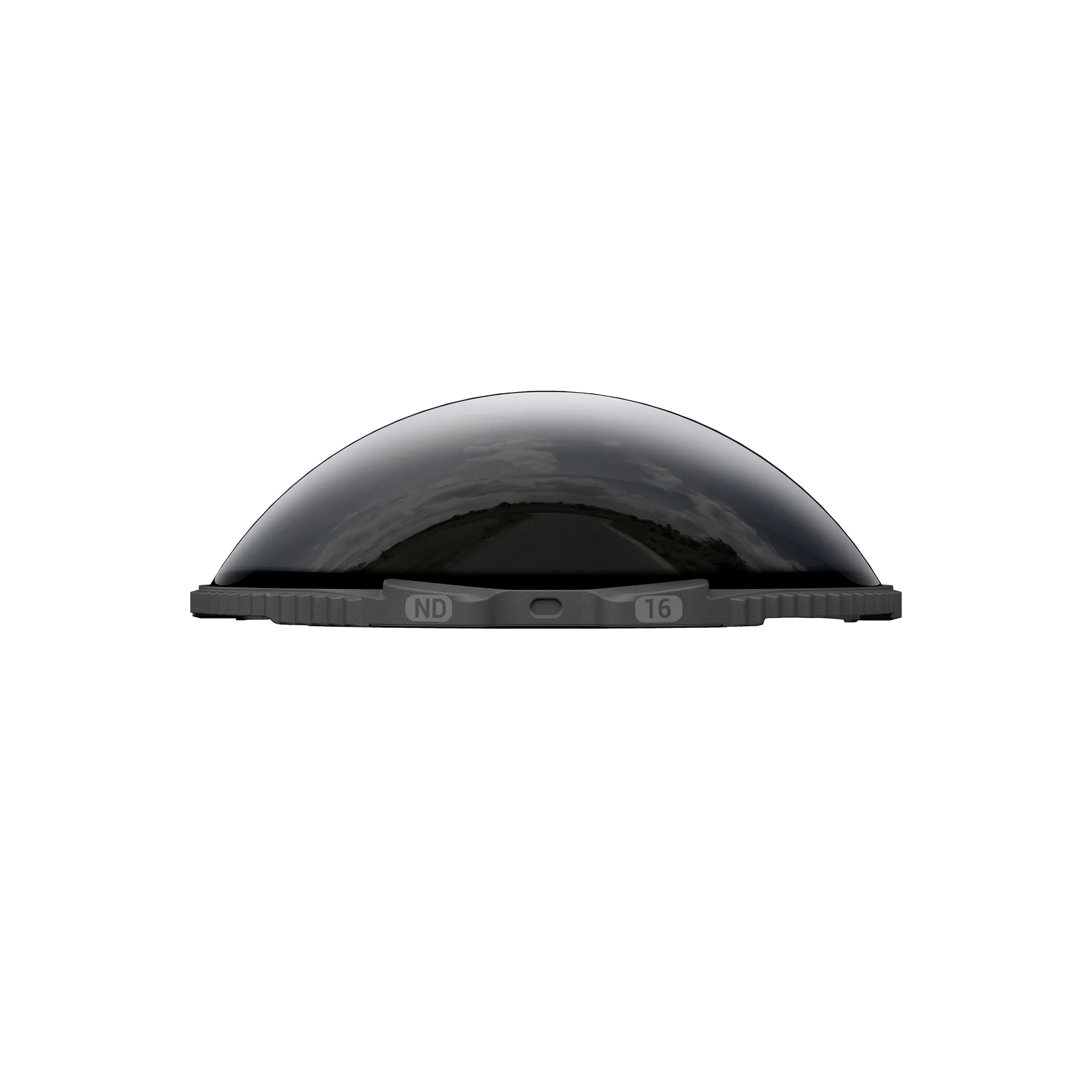 Ein Objektivfilter mit reflektierender Kuppel. Der Filter ist grau, mit 'ND 16' bedruckt. Der Hintergrund ist schwarz.