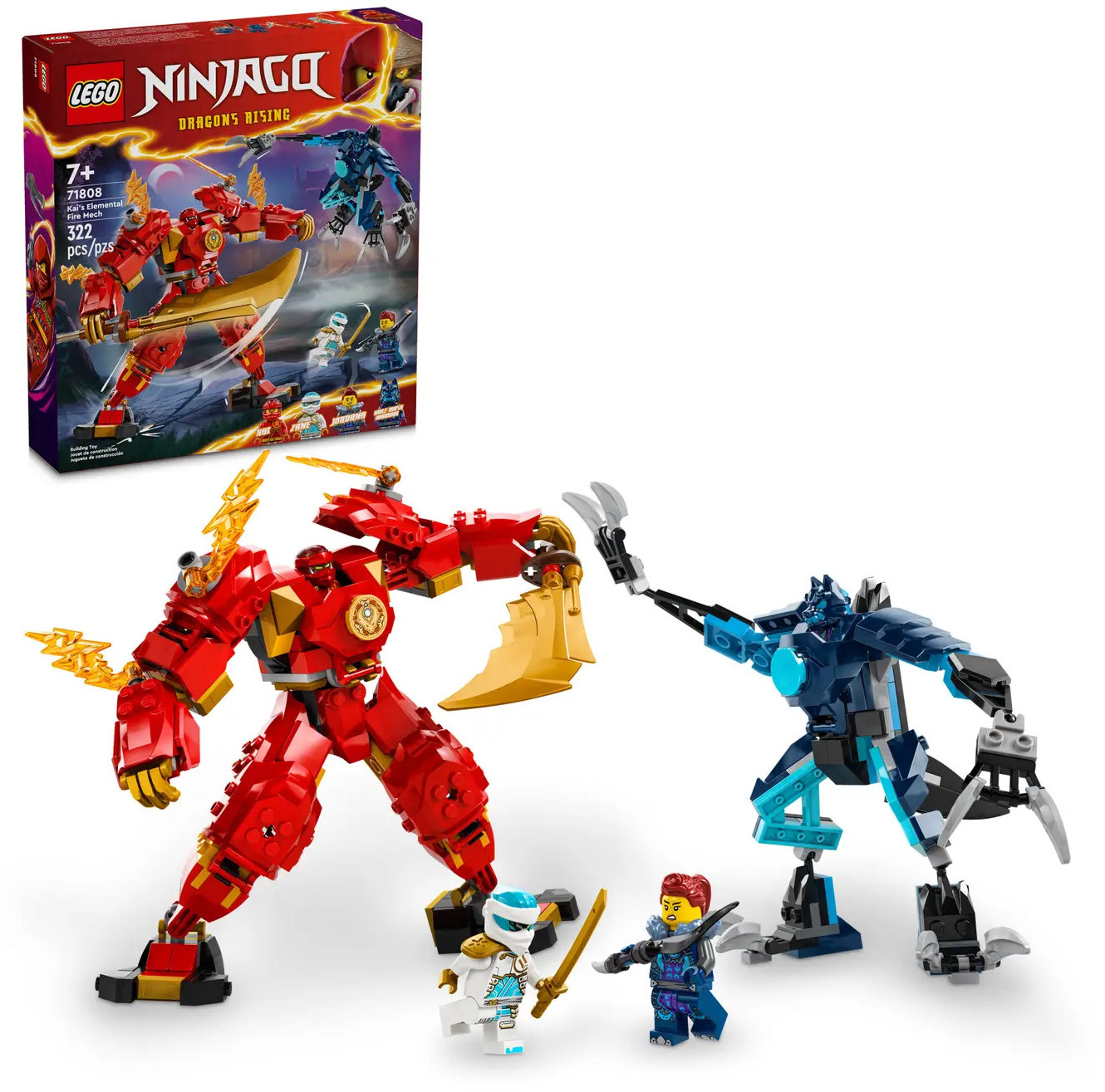 Zestaw Lego Ninjago z czerwonym mechem ze złotym mieczem, niebieskim mechem i minifigurkami. Pudełko znajduje się po lewej stronie u góry.