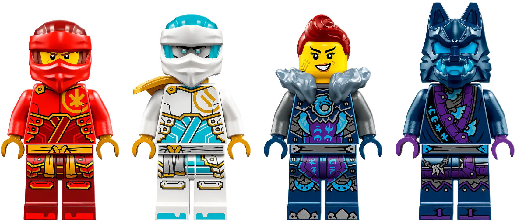Cztery minifigurki Lego Ninjago: czerwony ninja, biały ninja, kobieta z rudymi włosami i niebieskie stworzenie wilkopodobne.