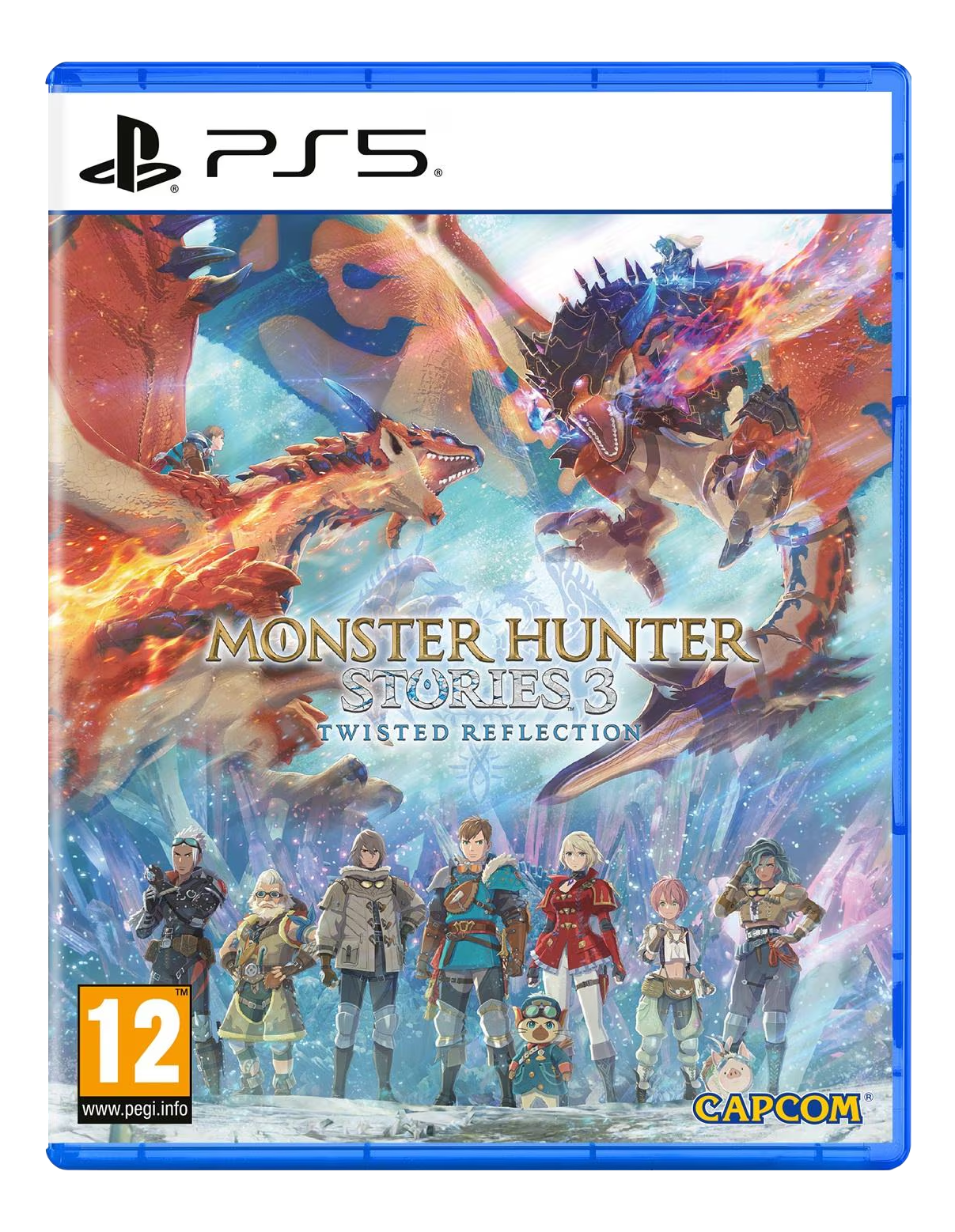 Copertina del gioco PS5. Draghi combattono nel cielo, personaggi sotto. Titolo: Monster Hunter Stories 3: Twisted Reflection.