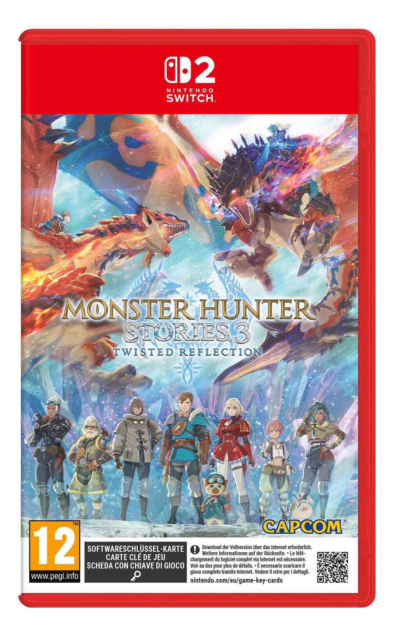 Copertina del gioco Monster Hunter Stories 3 con personaggi e un drago, con il logo Nintendo Switch.