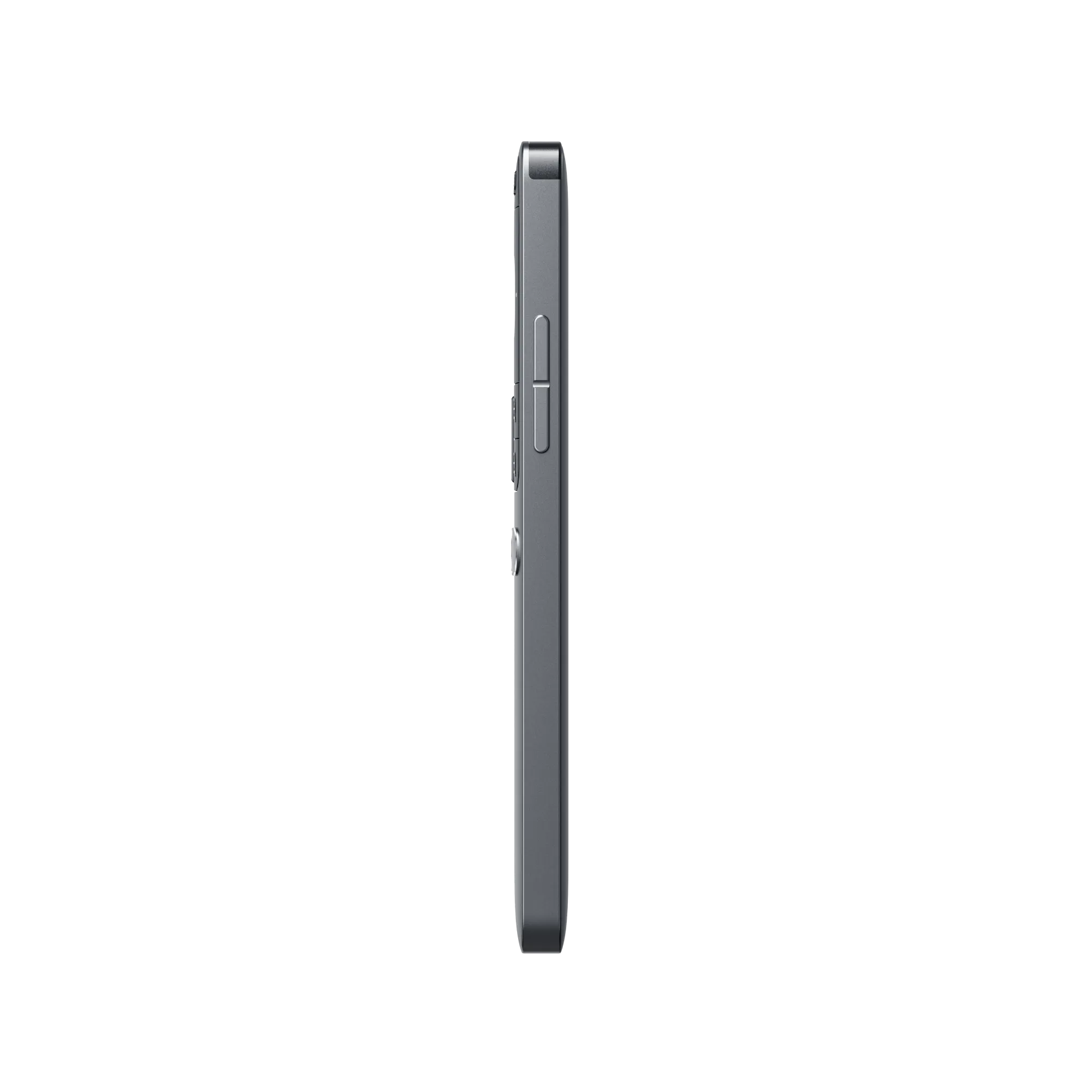 Seitenansicht eines grauen Smartphones vor schwarzem Hintergrund. Knöpfe sind sichtbar.