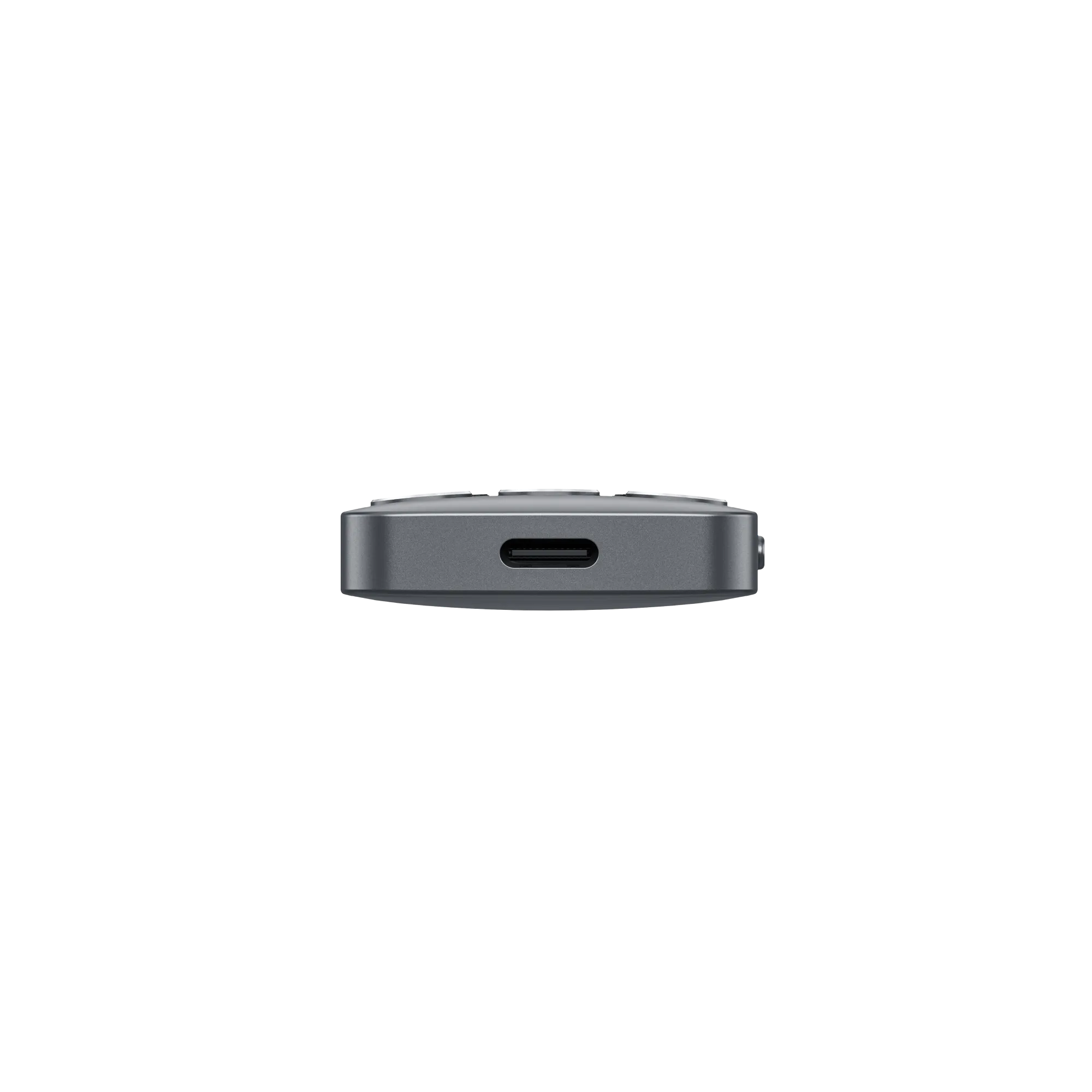 Graues, rechteckiges Gerät mit Knöpfen und USB-C-Anschluss, vor schwarzem Hintergrund.