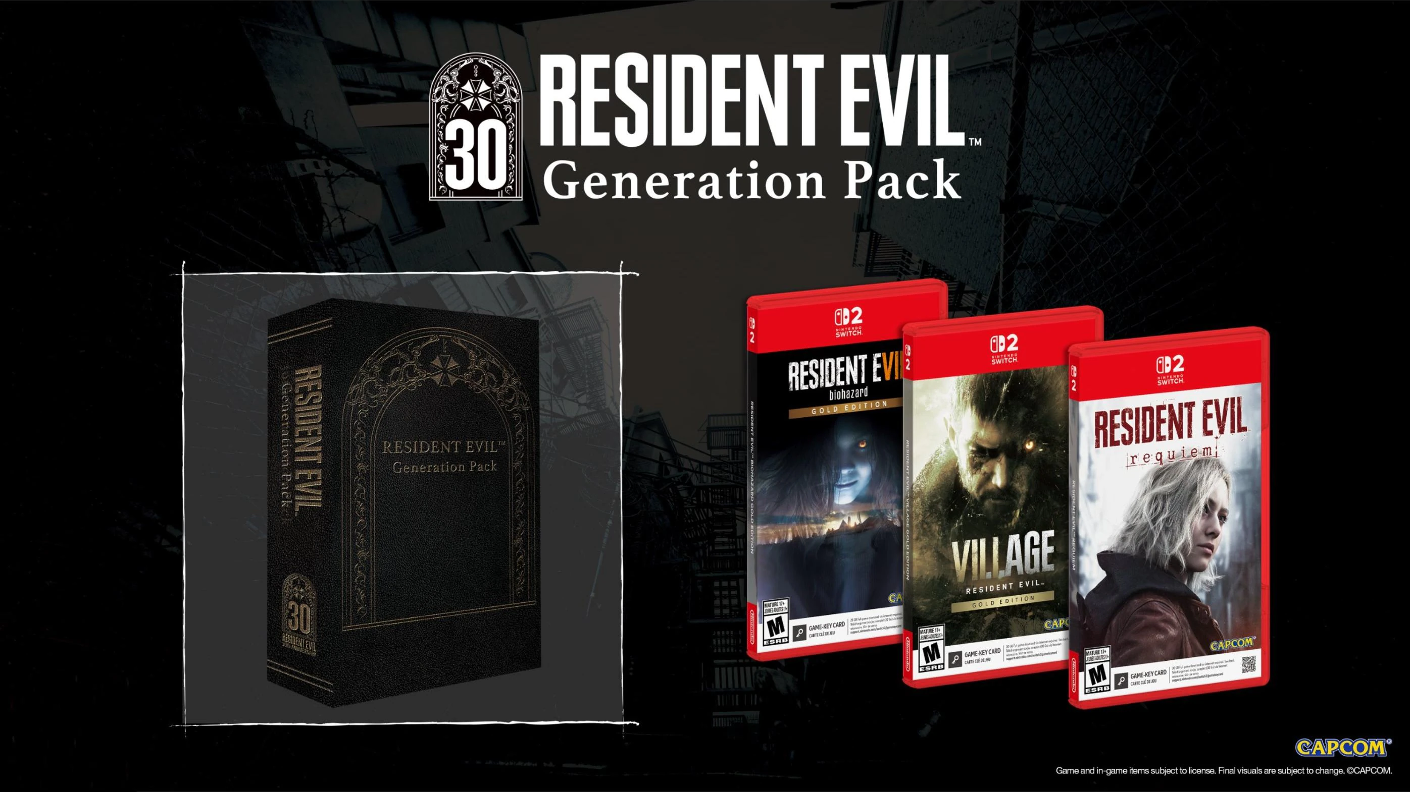 Das Bild zeigt ein Resident Evil Generation Pack mit Spielboxen. Enthält Resident Evil Biohazard, Village und Requiem.
