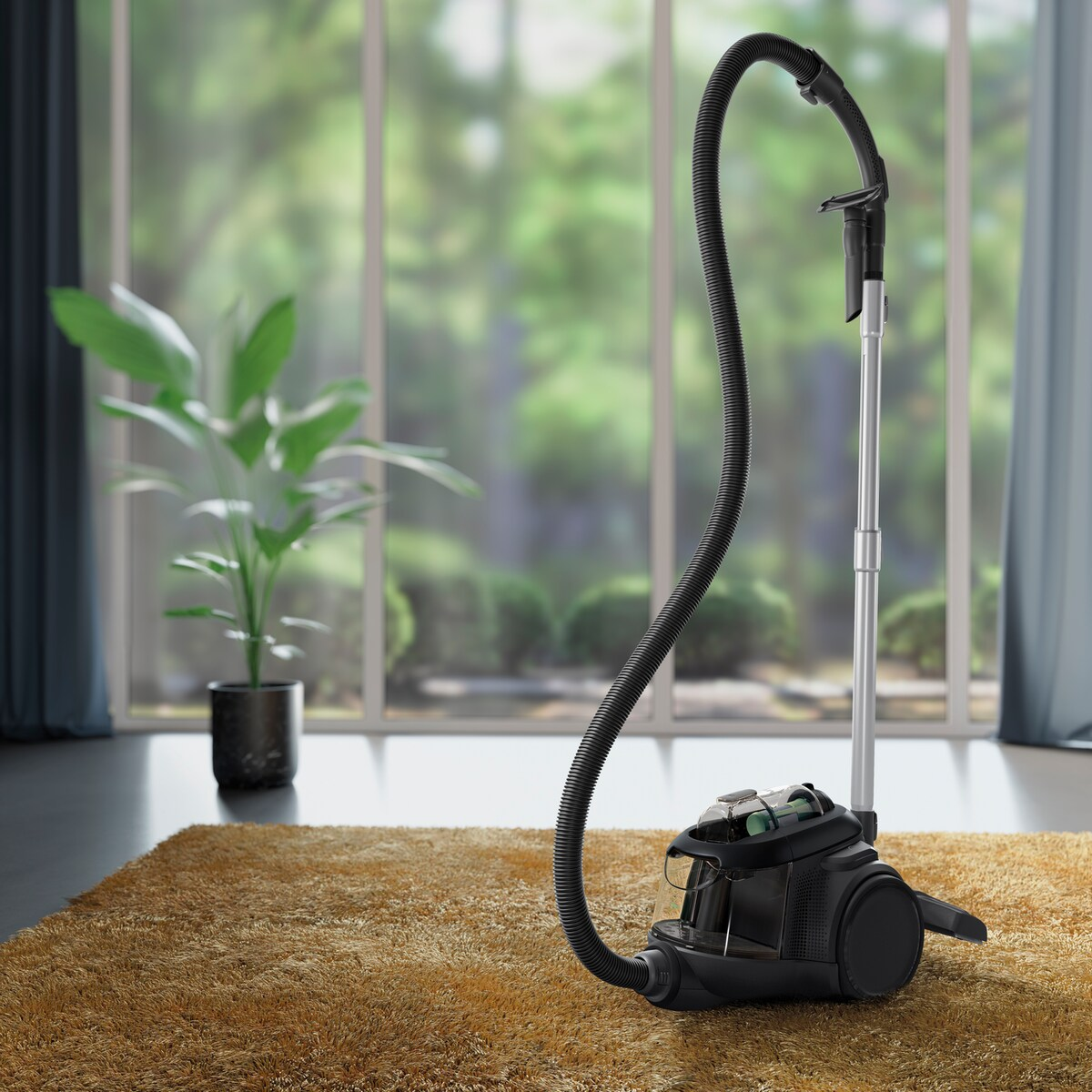 A black vacuum cleaner stands on a golden rug. A large window shows a green garden. A potted plant is on the left.