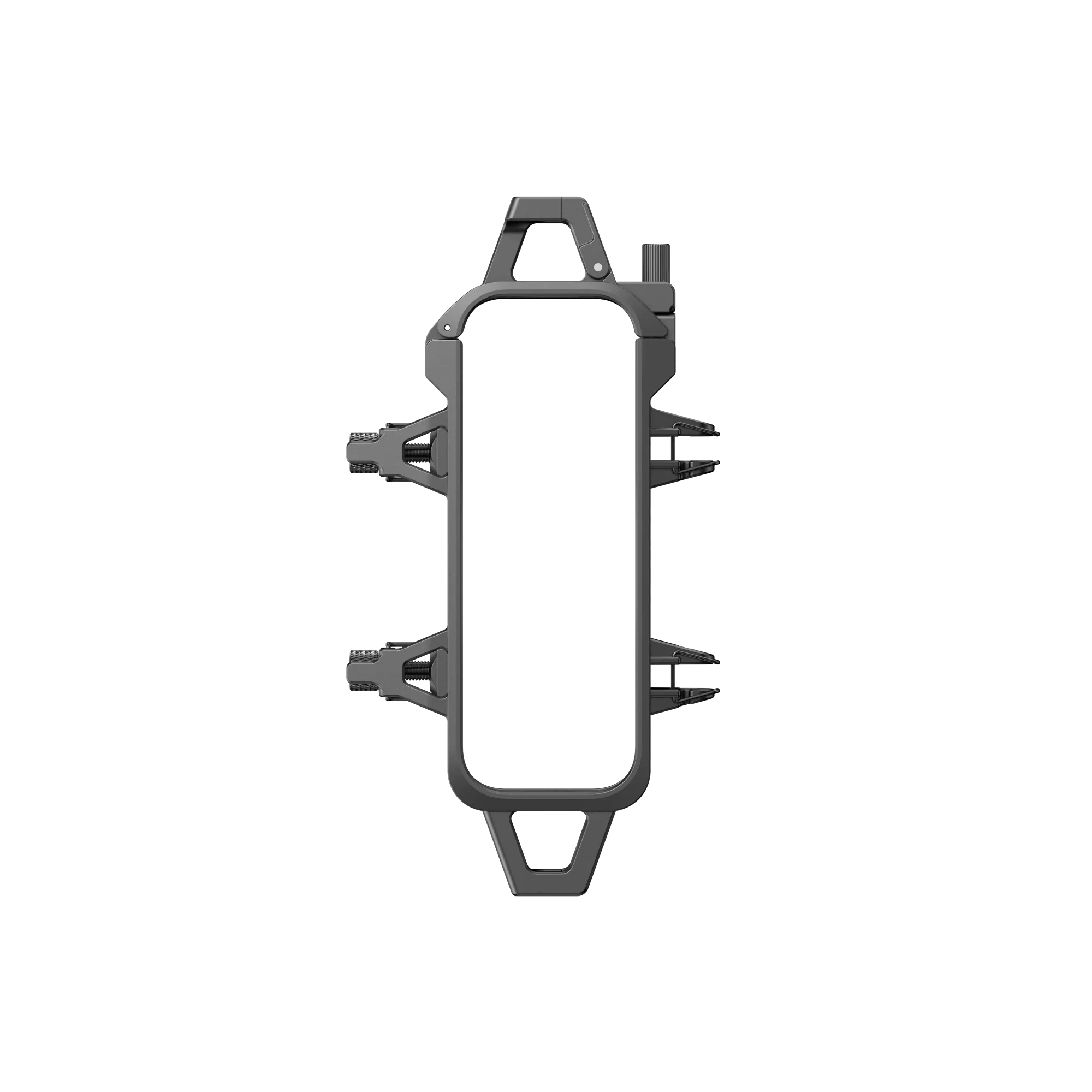 Grauer Telefonhalter. Er hat einen rechteckigen Rahmen mit verschiedenen Klammern und Einstellmechanismen, auf schwarzem Hintergrund.