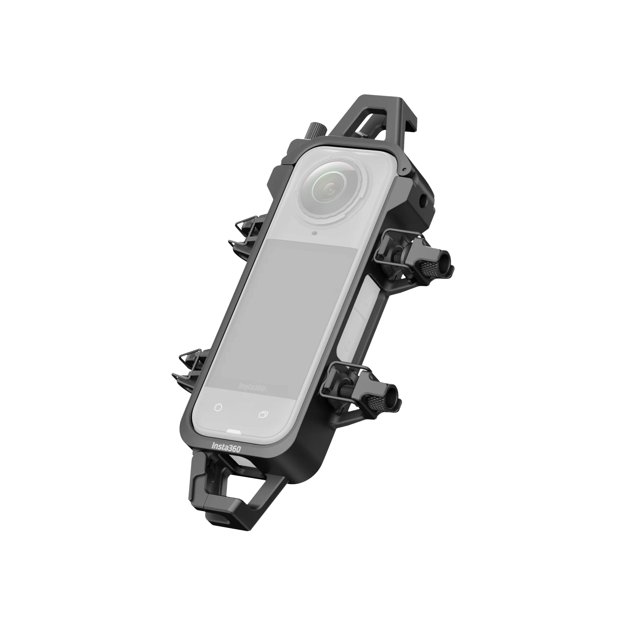 Eine schwarze Insta360-Kamera in einem Schutzgehäuse. Die Kamera hat einen Bildschirm und eine Linse, montiert auf schwarzem Hintergrund.