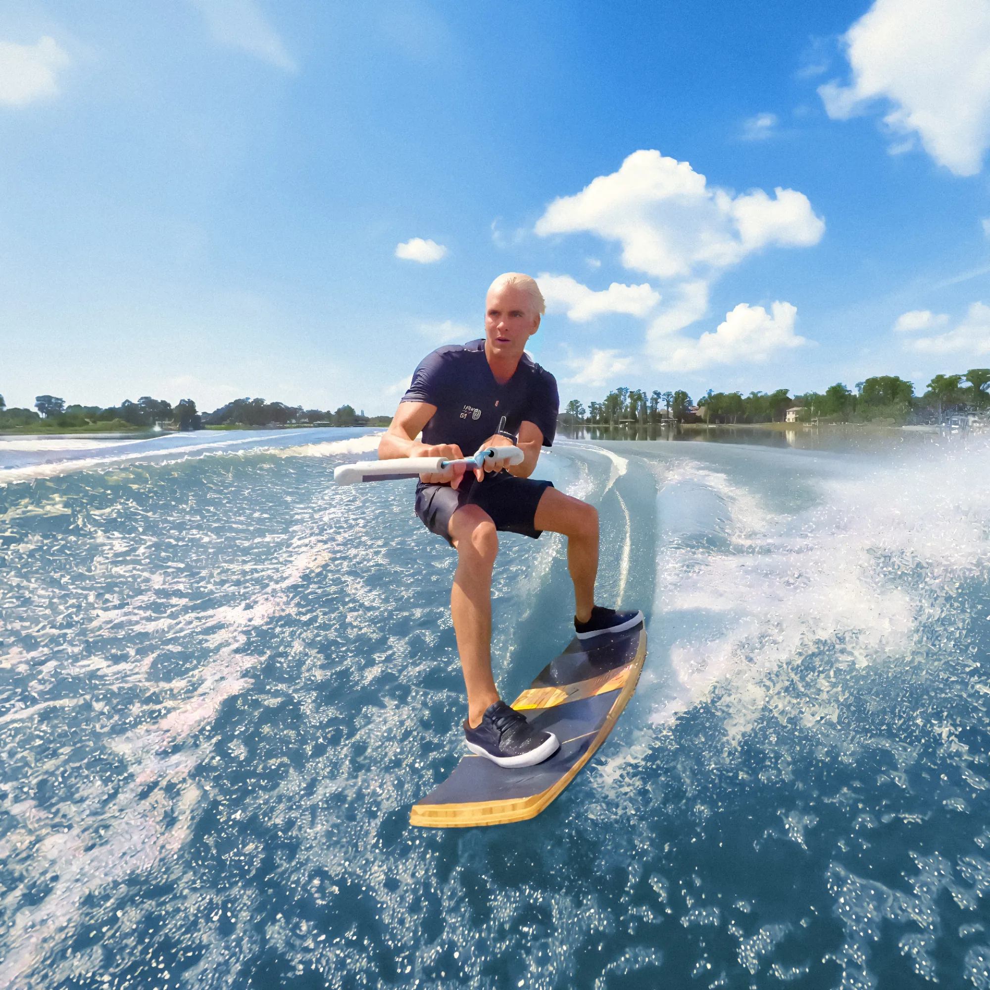 Ein Mann auf einem Wakeboard wird von einem Boot auf einem See gezogen. Der Himmel ist blau und bewölkt.