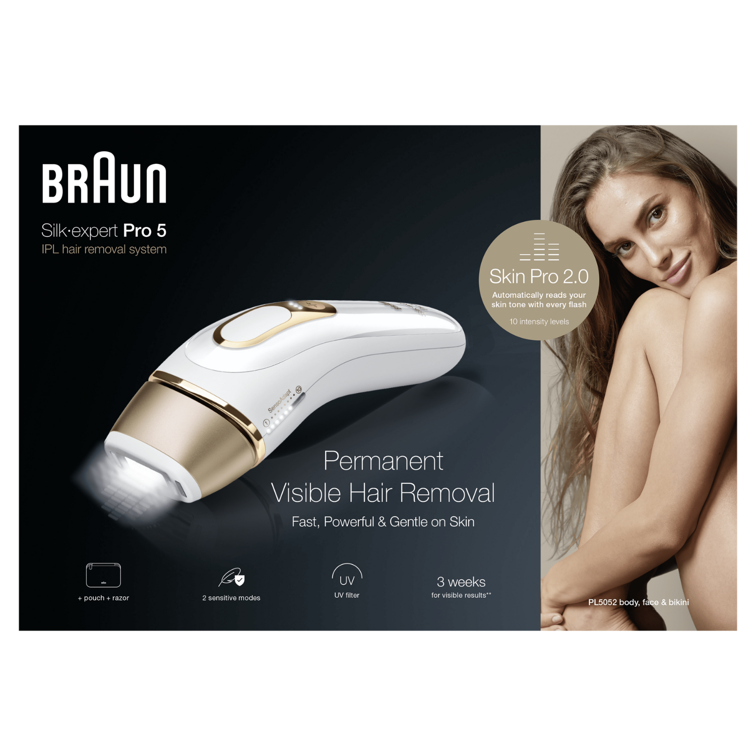 La imagen muestra un sistema de depilación IPL Braun Silk-expert Pro 5, una mujer y texto sobre las características del producto.