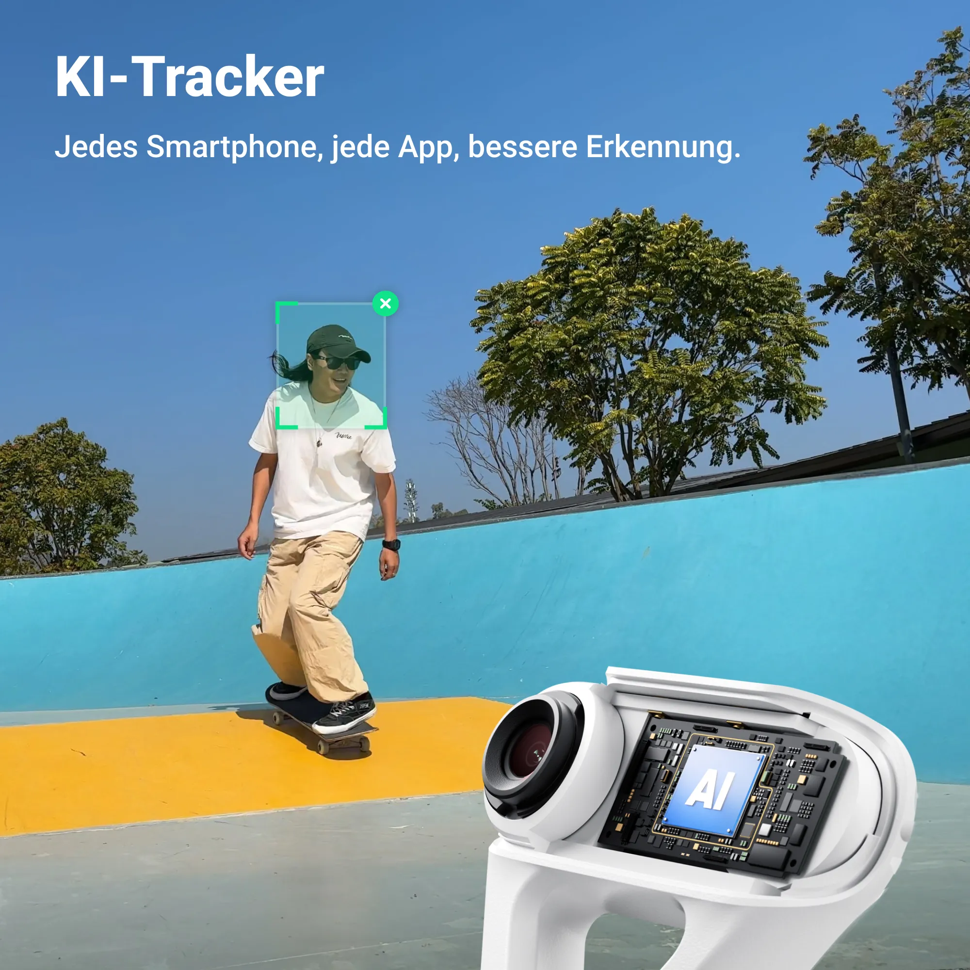 Eine Person auf einem Skateboard in einem Skatepark, mit einer Tracking-Kamera im Vordergrund und Text-Overlay.