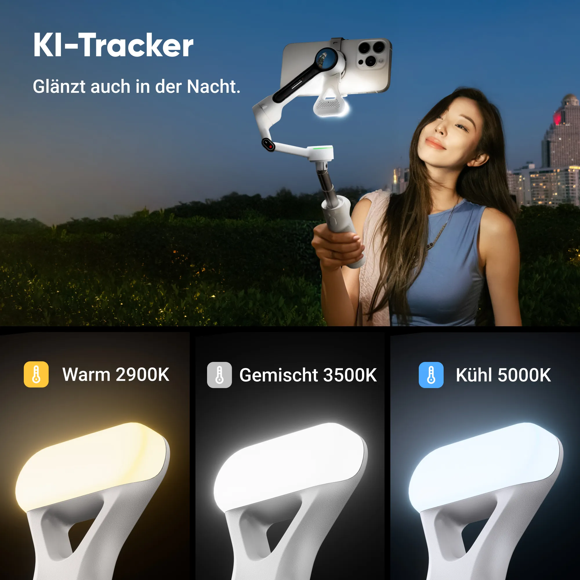 Eine Frau hält ein Telefon auf einem Ständer in der Nacht. Das Telefon hat ein Licht. Der Hintergrund ist eine Stadt.