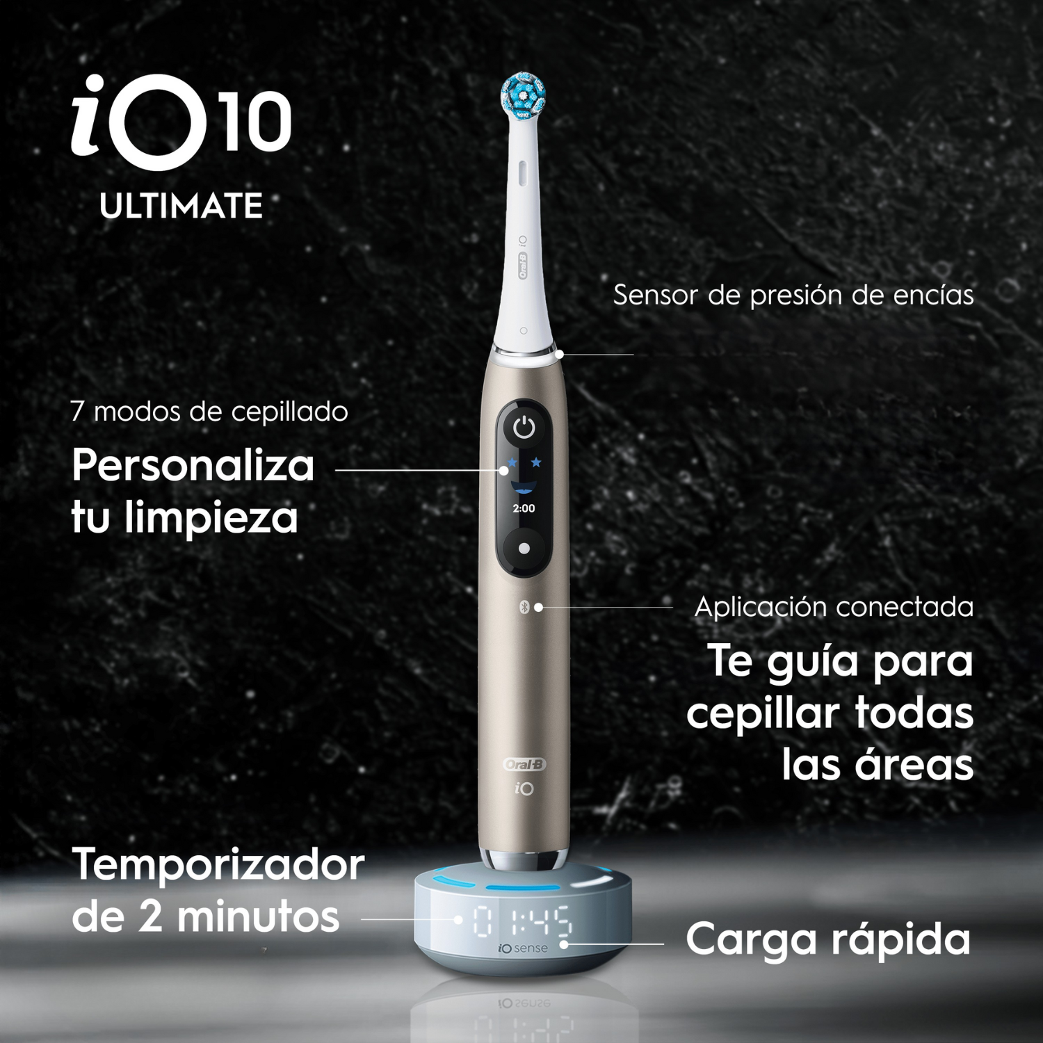 iO10 ultimate. Sensor de presión. 7 modos de cepillado. App conectada: te guía para cepillar todas las áreas. Temporizador 2 min. Carga rápida.