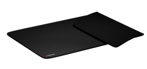 Czarna podkładka pod mysz z podpórką pod nadgarstek. Podkładka jest prostokątna, a podpórka to mniejsza, dołączona podkładka.