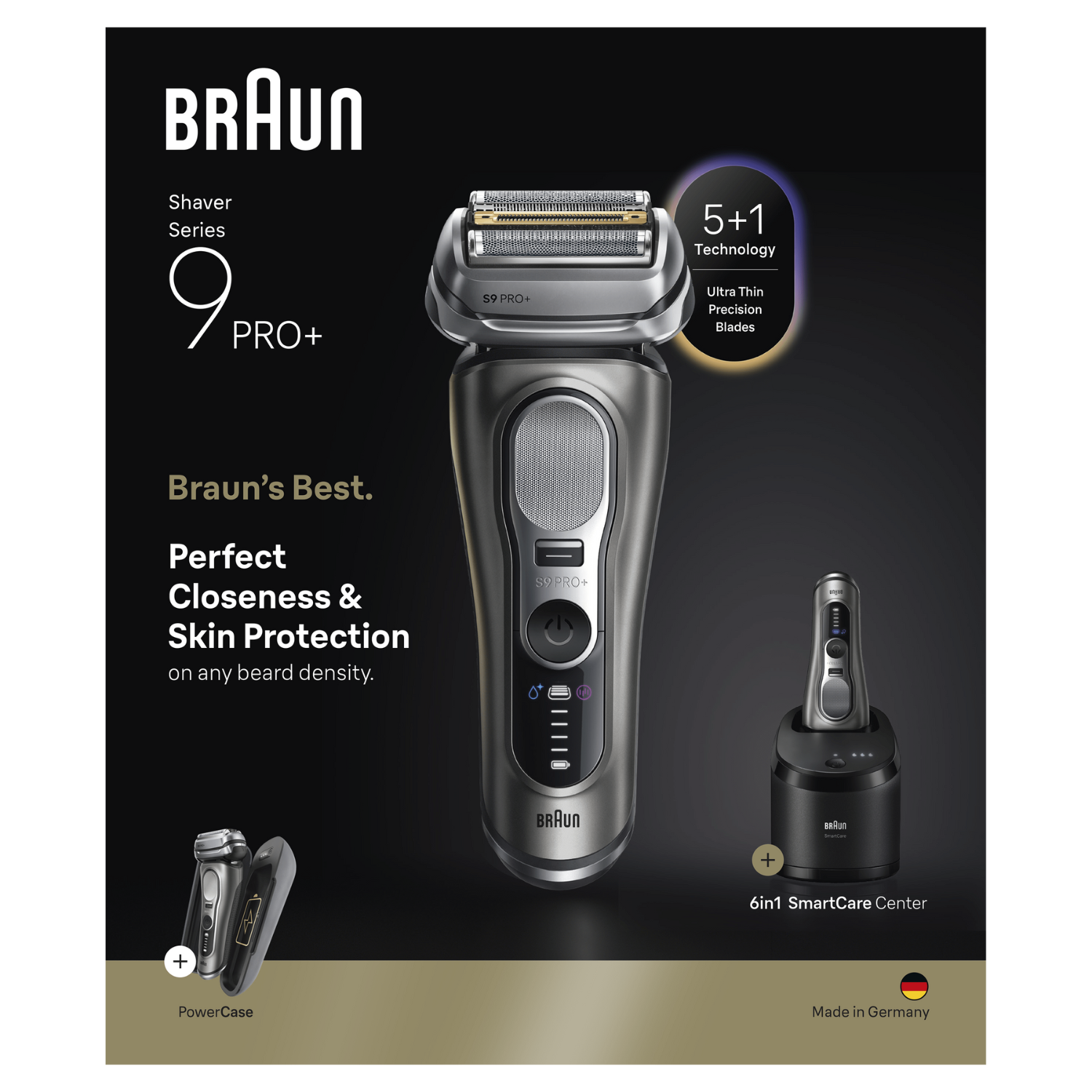 Un anuncio muestra una afeitadora Braun Series 9 Pro+, un PowerCase y un SmartCare Center 6en1. El texto destaca sus características.