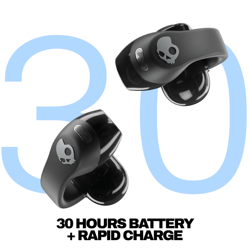 Zwei schwarze Skullcandy-Ohrhörer mit blauem "30" auf schwarzem Hintergrund. Jeder Ohrhörer hat ein Totenkopf-Logo.