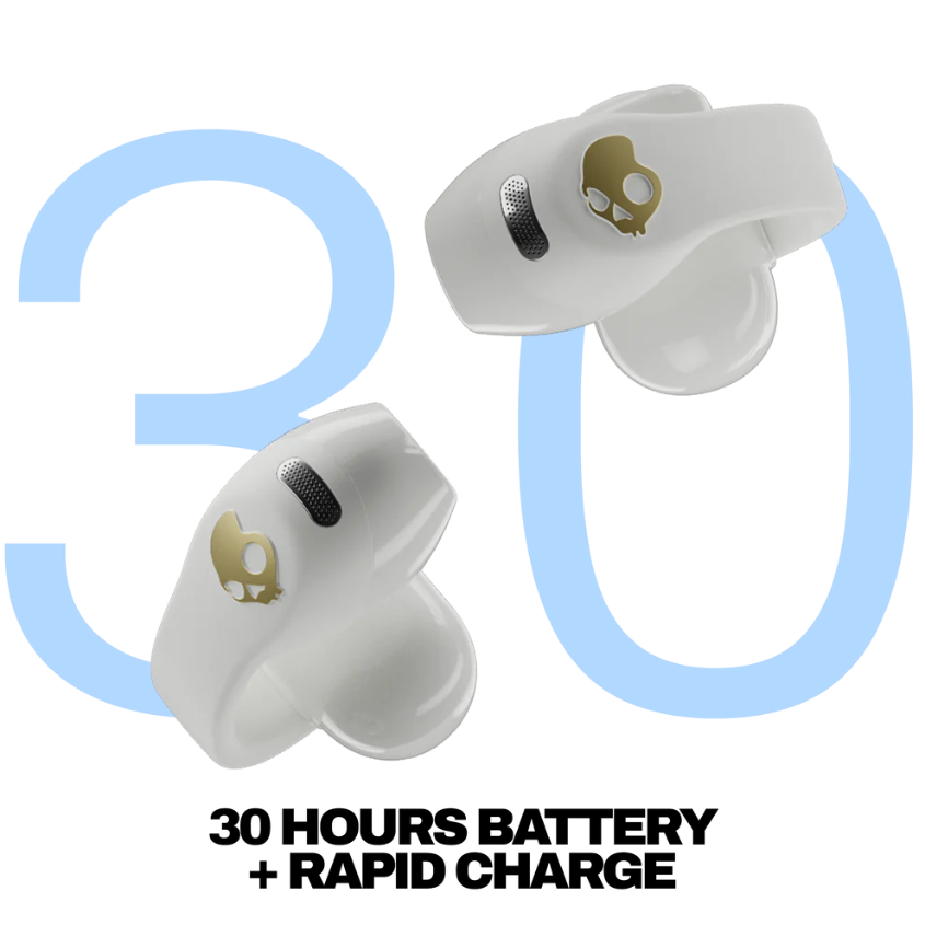 Weiße Skullcandy-Ohrhörer mit goldenen Totenkopf-Logos werden mit den blauen Zahlen 3 und 0 auf schwarzem Hintergrund angezeigt.