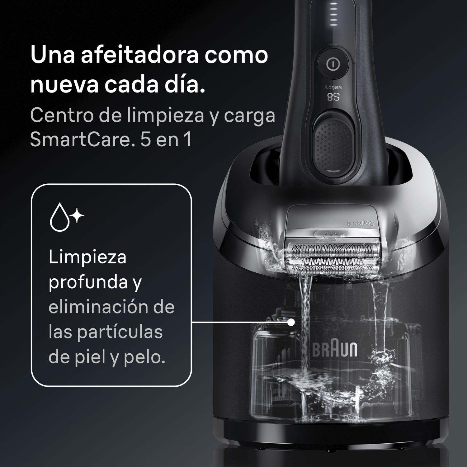 Una afeitadora como nueva cada día. Centro de limpieza y carga SmartCare 5 en 1.Limpieza profunda y eliminación de partículas de piel y pelo