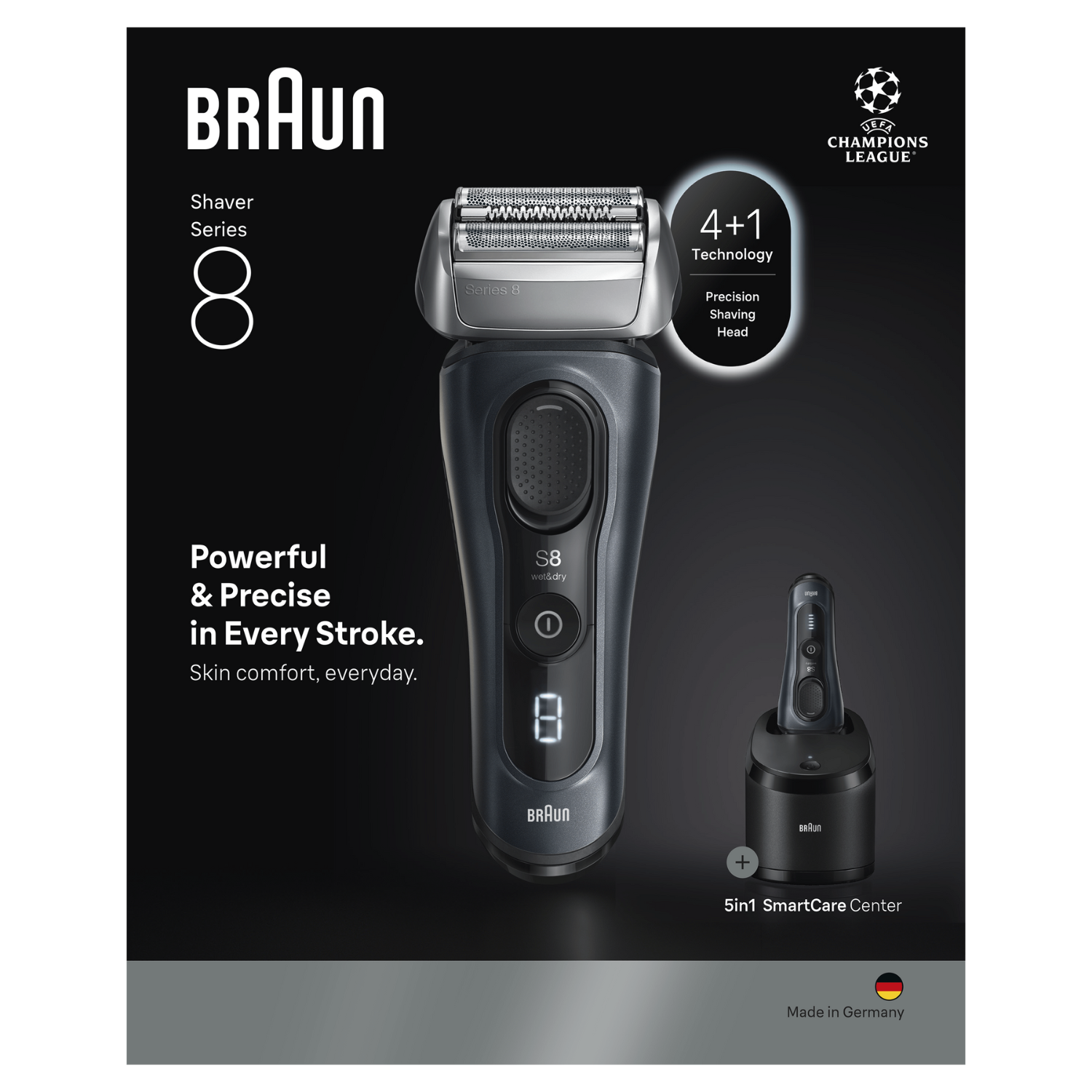 Una afeitadora eléctrica Braun Series 8 con base de carga. El texto incluye 'Powerful & Precise' y 'Made in Germany'.