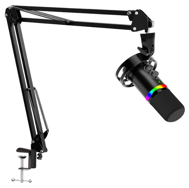 Czarny mikrofon z kolorowymi światłami jest przymocowany do czarnego ramienia. Ramię jest zamontowane za pomocą zacisku.