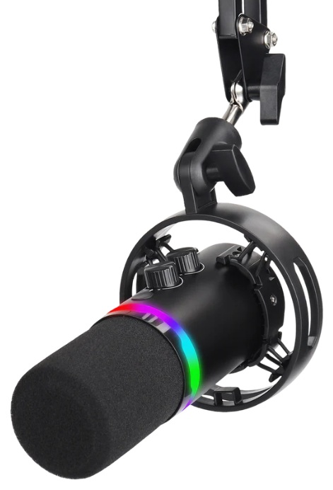 Czarny mikrofon z kolorowym pierścieniem LED, przymocowany do czarnego ramienia. Mikrofon ma piankową osłonę.