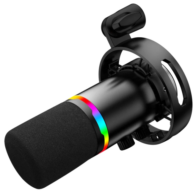 Czarny mikrofon z czarną piankową osłoną. Ma tęczowy pierścień świetlny i czarny uchwyt.