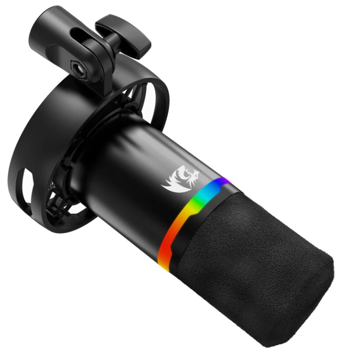 Czarny mikrofon z piankową osłoną, kolorowym pierścieniem świetlnym i uchwytem. Logo znajduje się na mikrofonie.